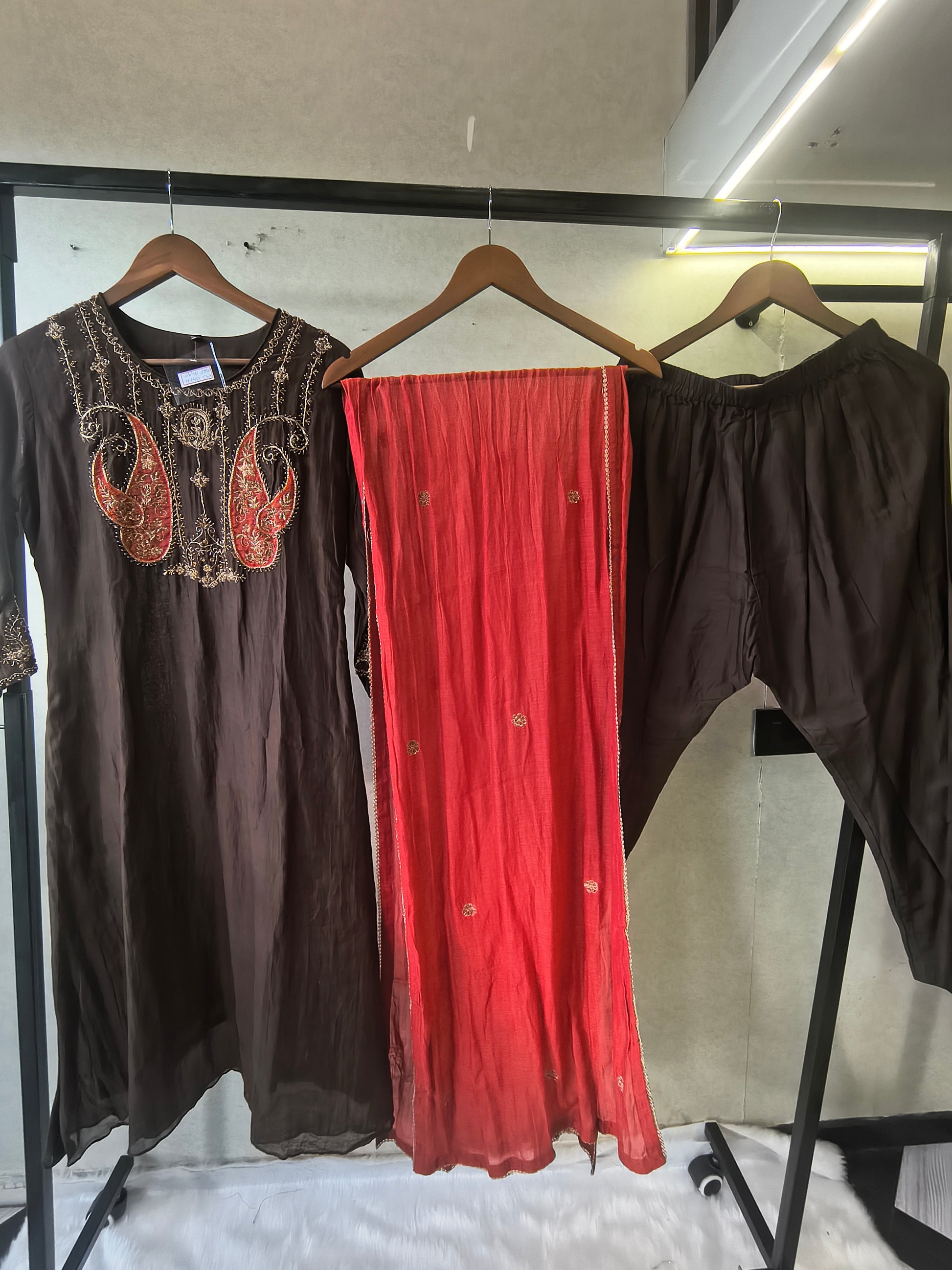 Midnight Black Embroidered Straight Kurta Set with Statement Paisley Yoke, Contrast Crimson Dupatta & Premium 3 Piece Ethnic Ensemble