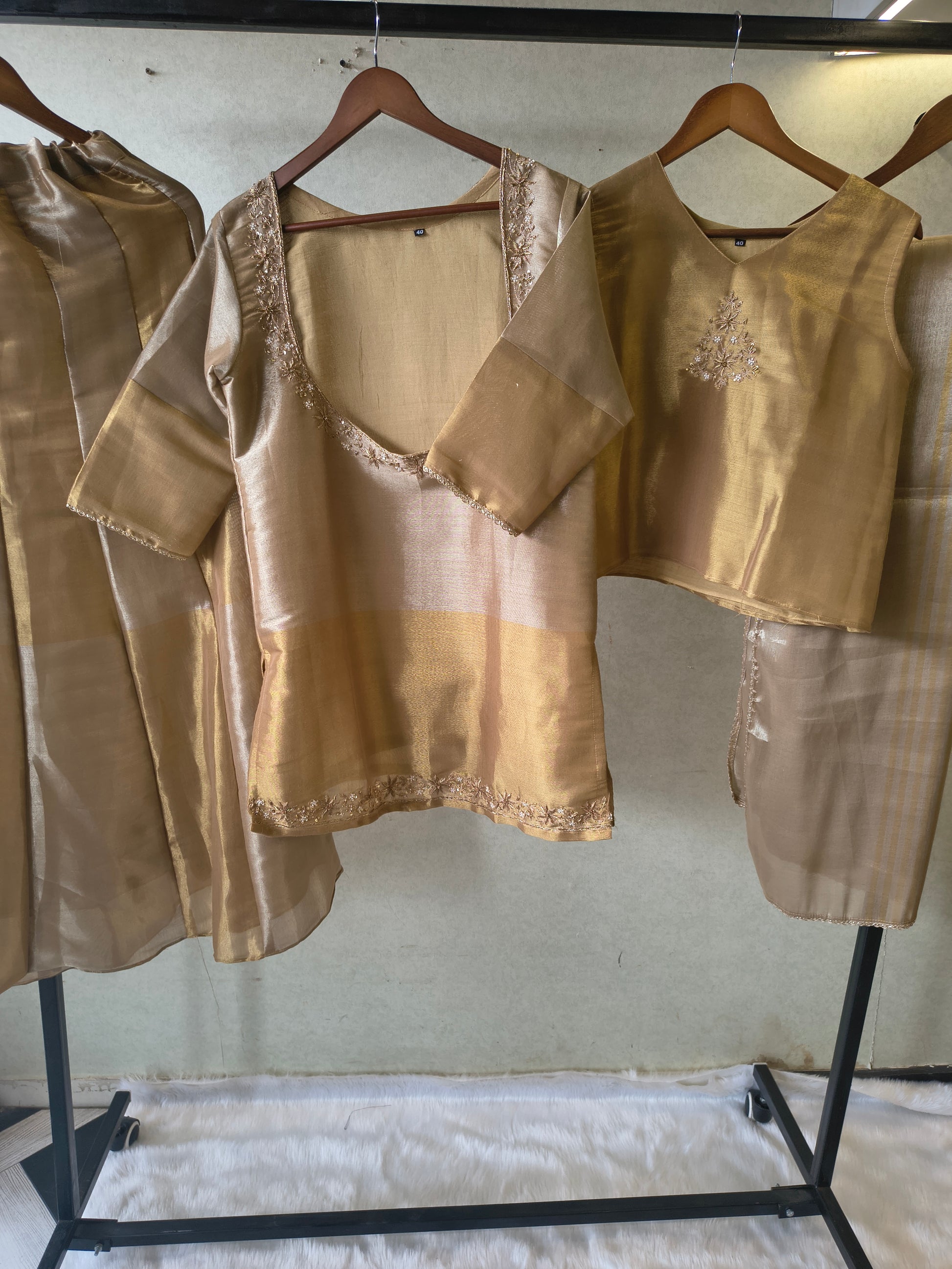 Champagne Gold Tissue Silk Embroidered Layered Kurta with Inner, Palazzo & Woven Dupatta – 4 Piece Designer Festive Set