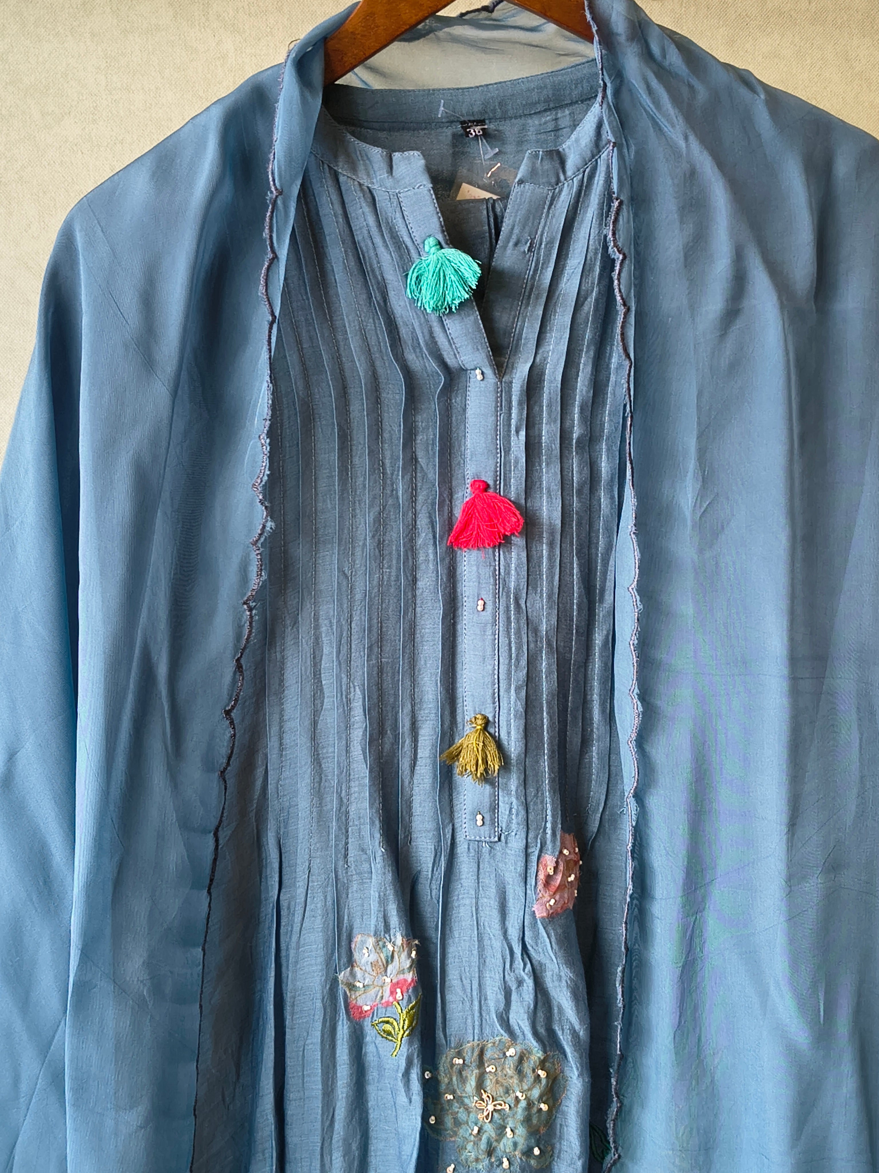 Image of Premium Steel Blue Embroidered Straight Kurta with Dhoti Pants & Embroidered Organza Dupatta Set