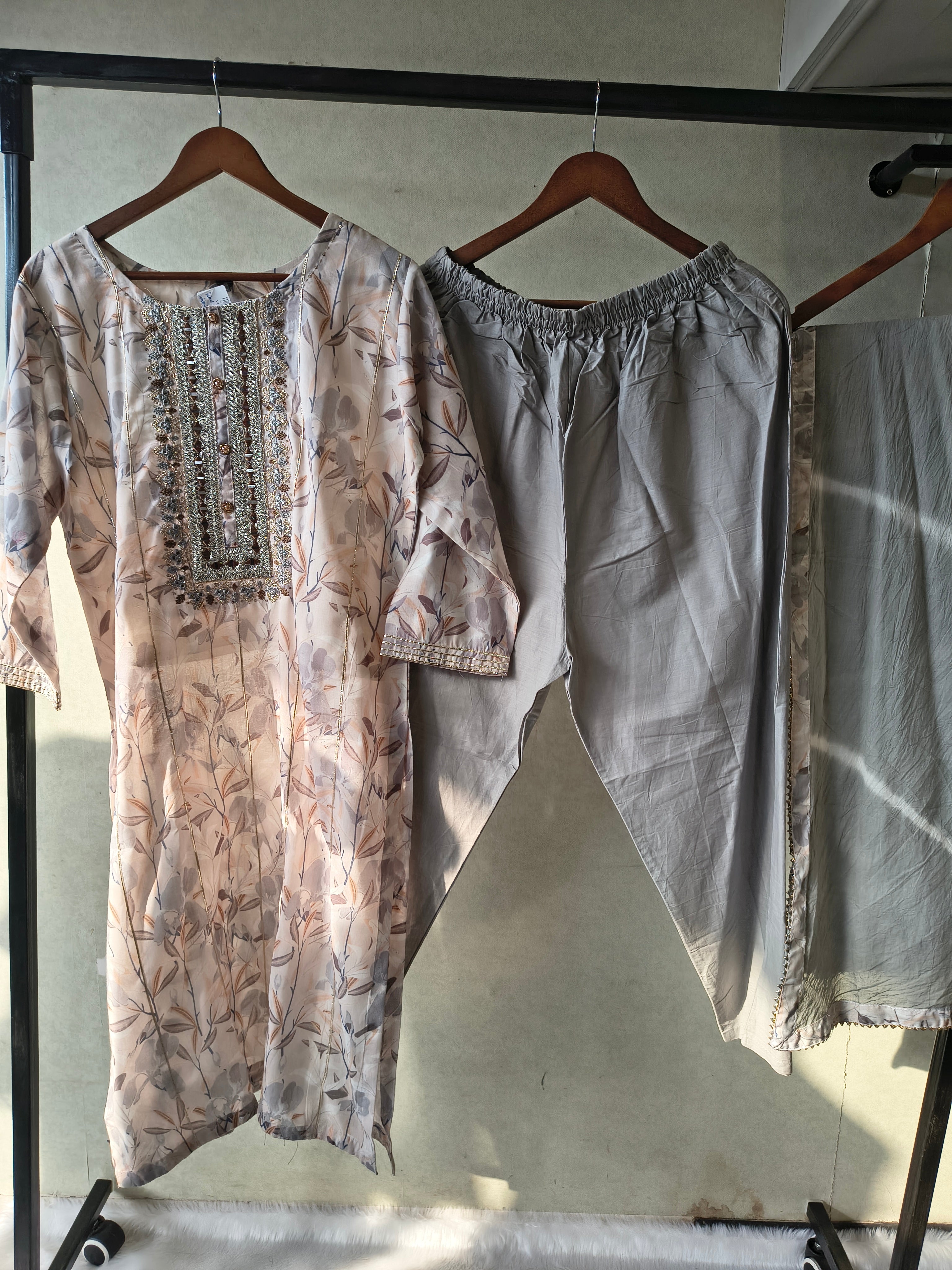Image of Premium Pastel Floral Printed Kurta Set with Embellished Yoke & Chiffon Dupatta