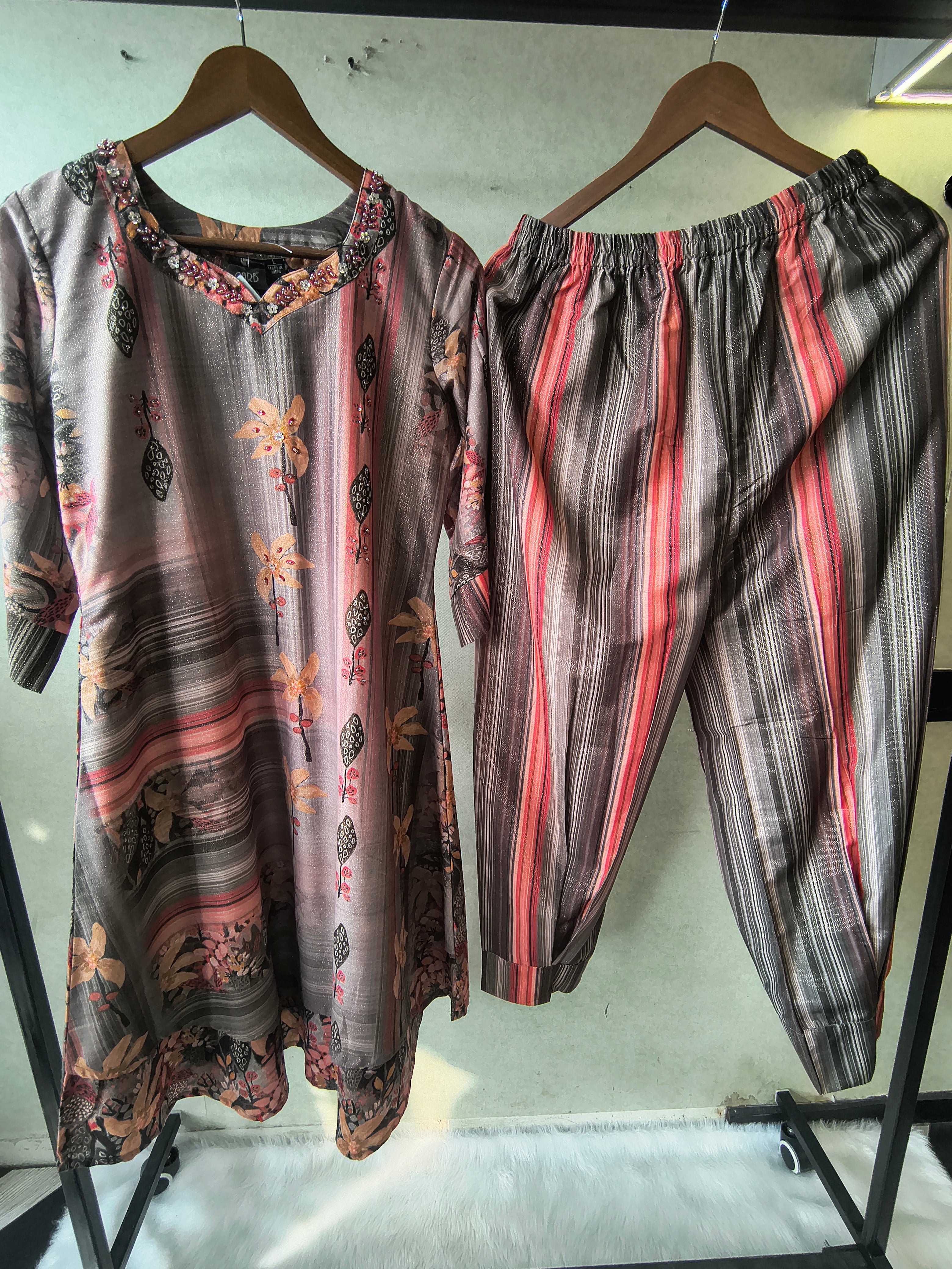 Image of Premium Smoky Grey Artistic Printed Kurta with Striped Tapered Pants Co-Ord Set