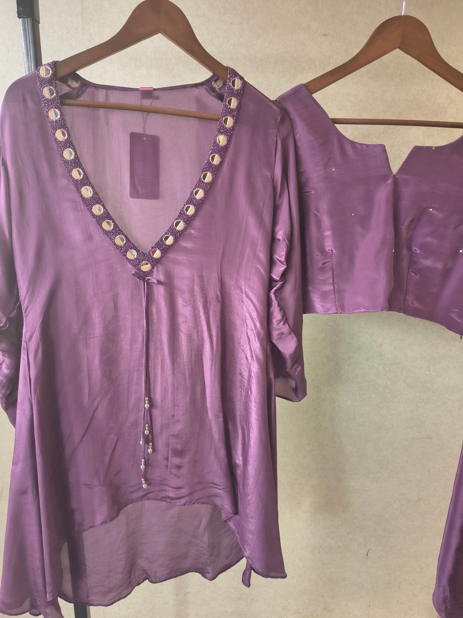 Royal Plum Embellished High-Low Tunic with Sleeveless Blouse & Wide-Leg Pants – 3 Piece Designer Indo-Western Set