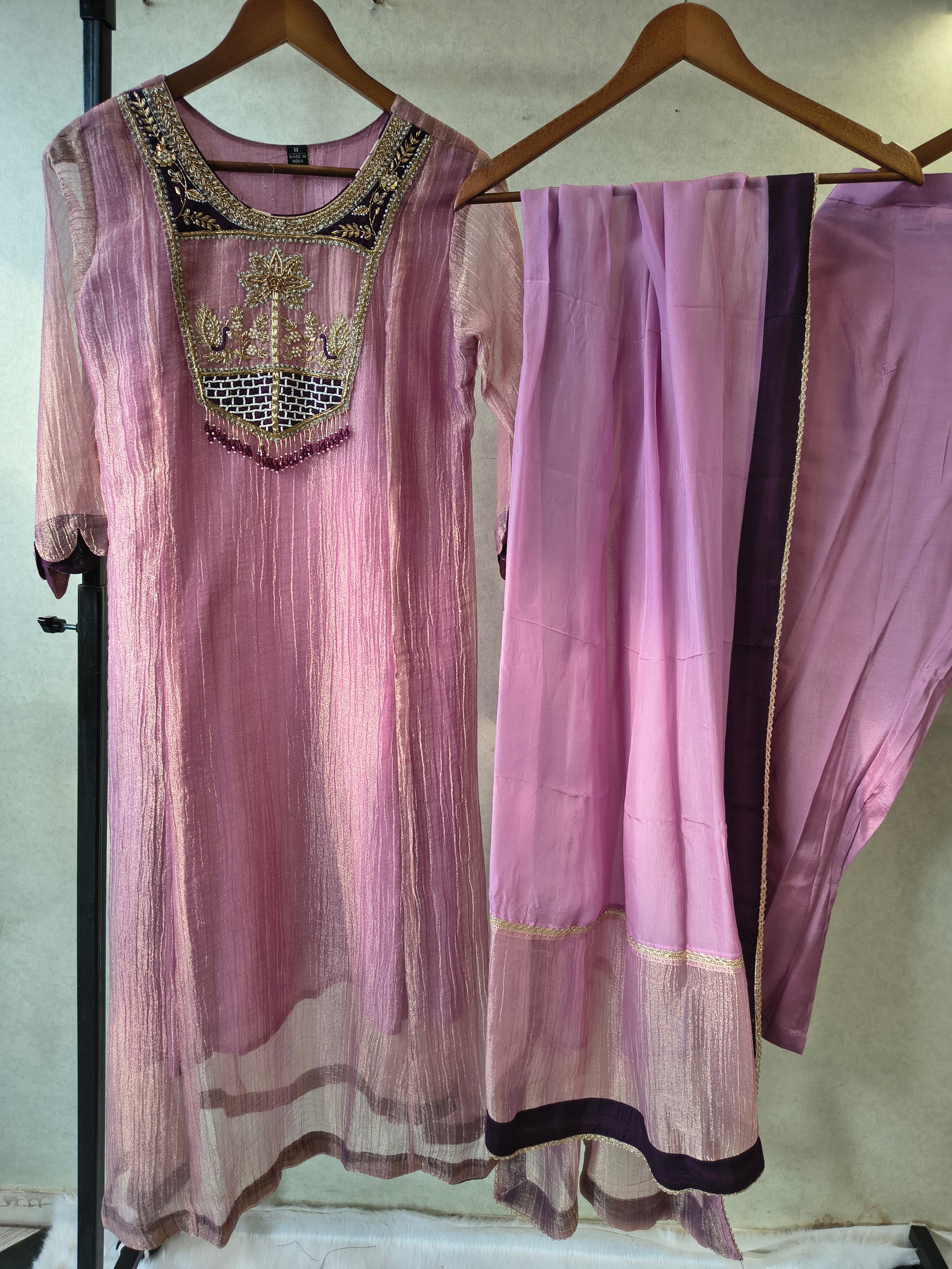 Lavender Embroidered Anarkali Kurta Set with Handcrafted Statement Yoke & Organza Dupatta | Premium 3 Piece Ethnic Ensemble