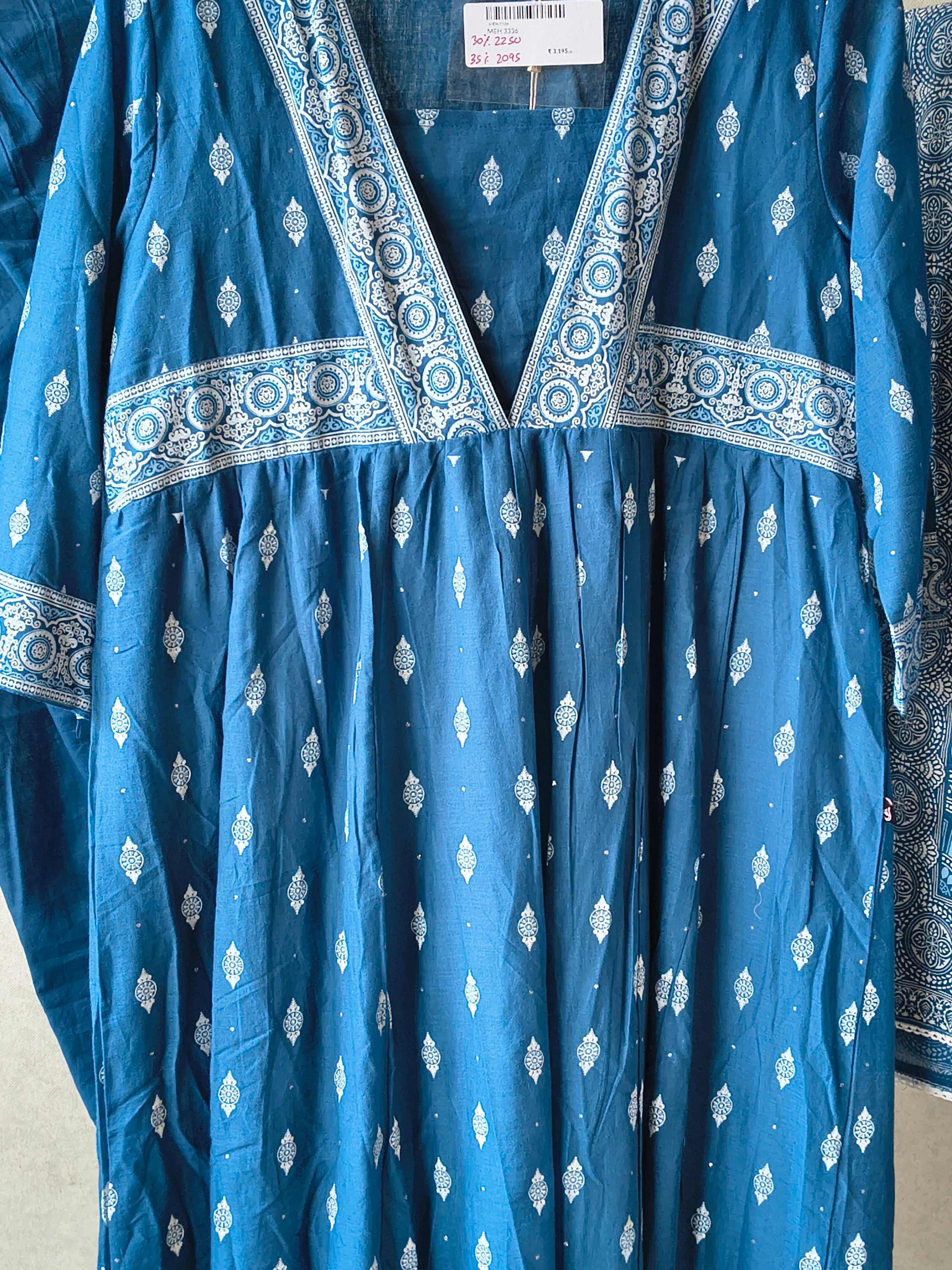 Image of Juniper Premium Teal Blue Printed Cotton Kurta Set with Solid Pants & Printed Dupatta