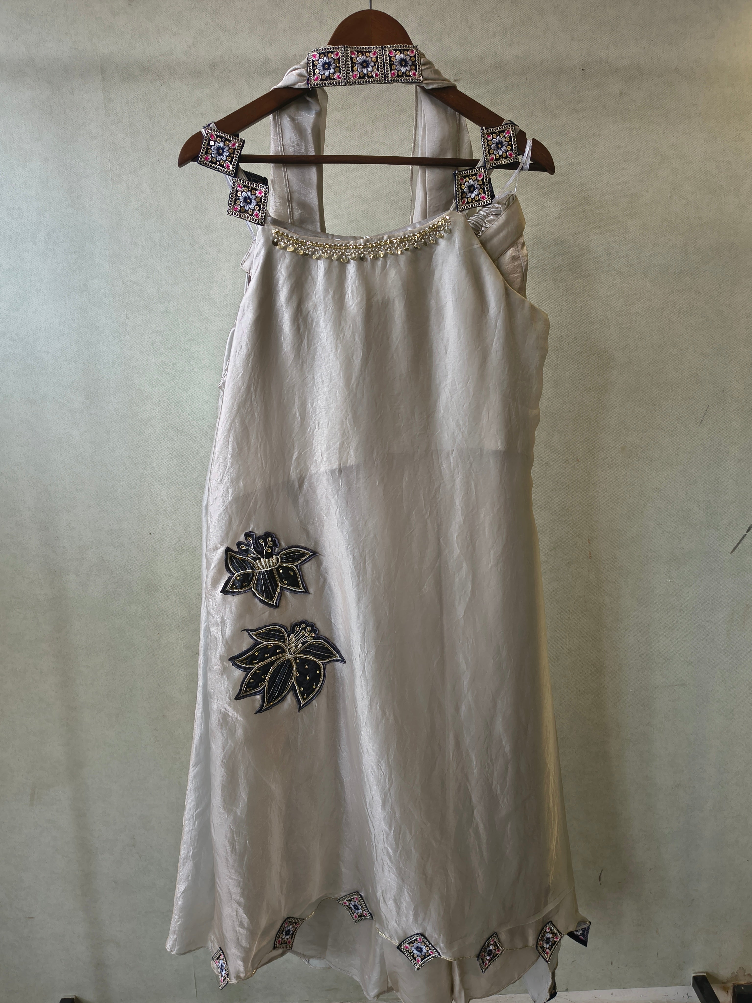 Image of Ivory Designer A-Line Dress with Handcrafted Floral Appliqué & Embellished Scarf