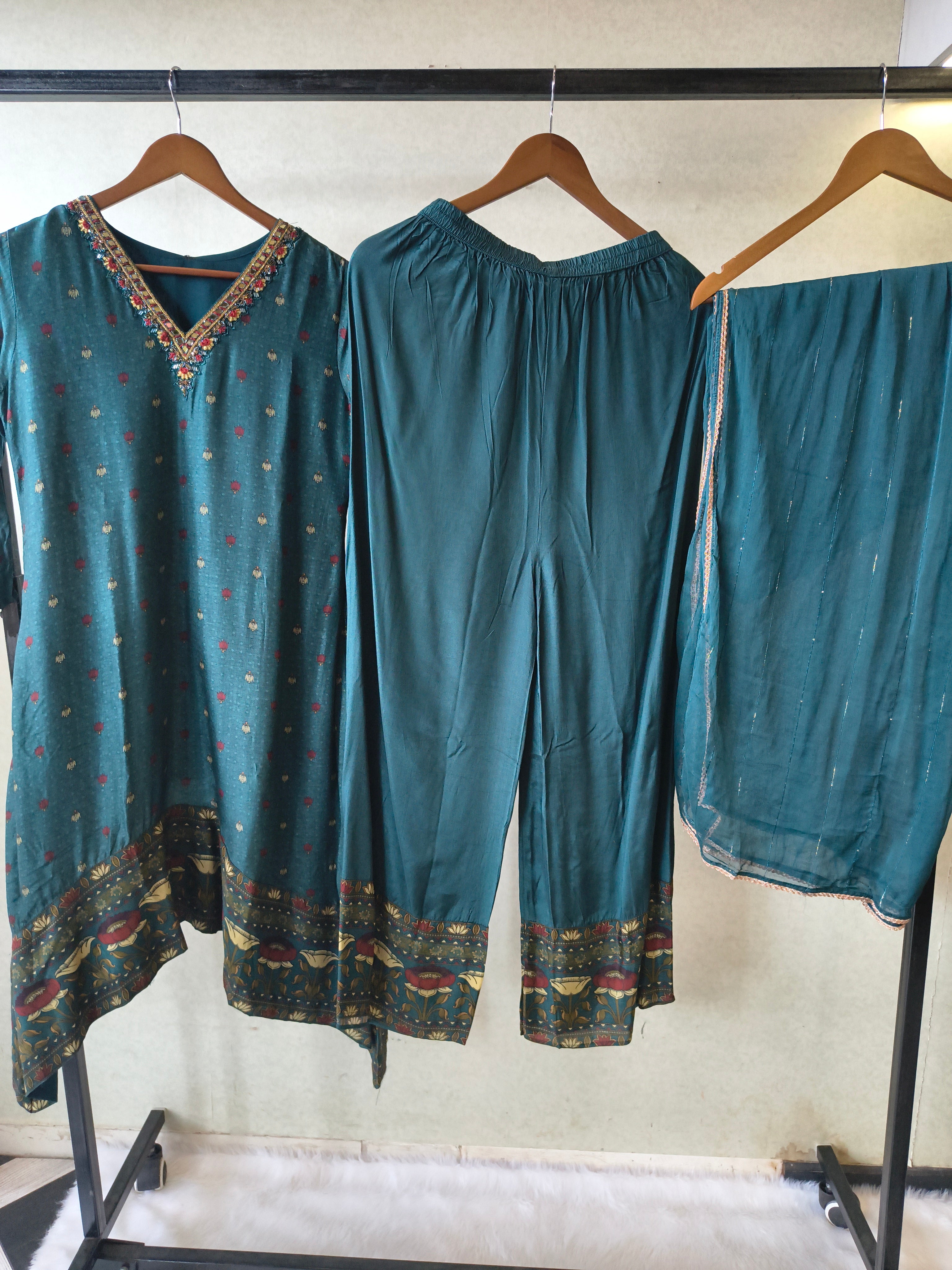 Image of Premium Teal Printed Straight Kurta with Palazzo & Dupatta Set
