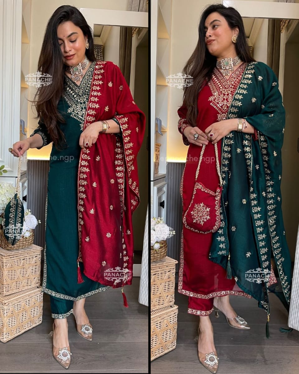 Presenting Beautiful Heavy VICHITRA BLUMING Silk Fabric designer festive wear kurti pant and duppta with Coding work with lining