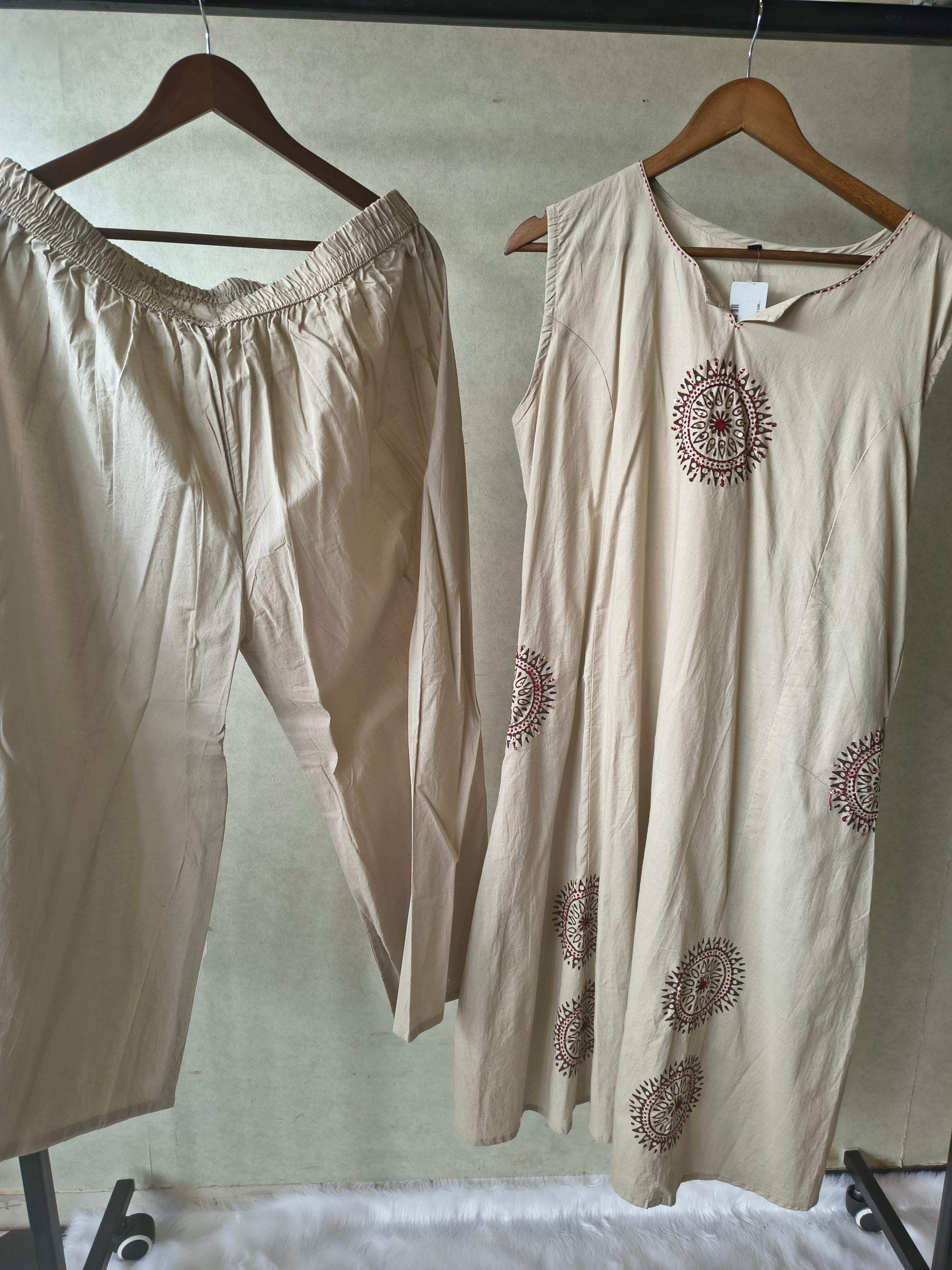 Premium Beige Hand Block Motif A-Line Kurta Set with Straight Pants