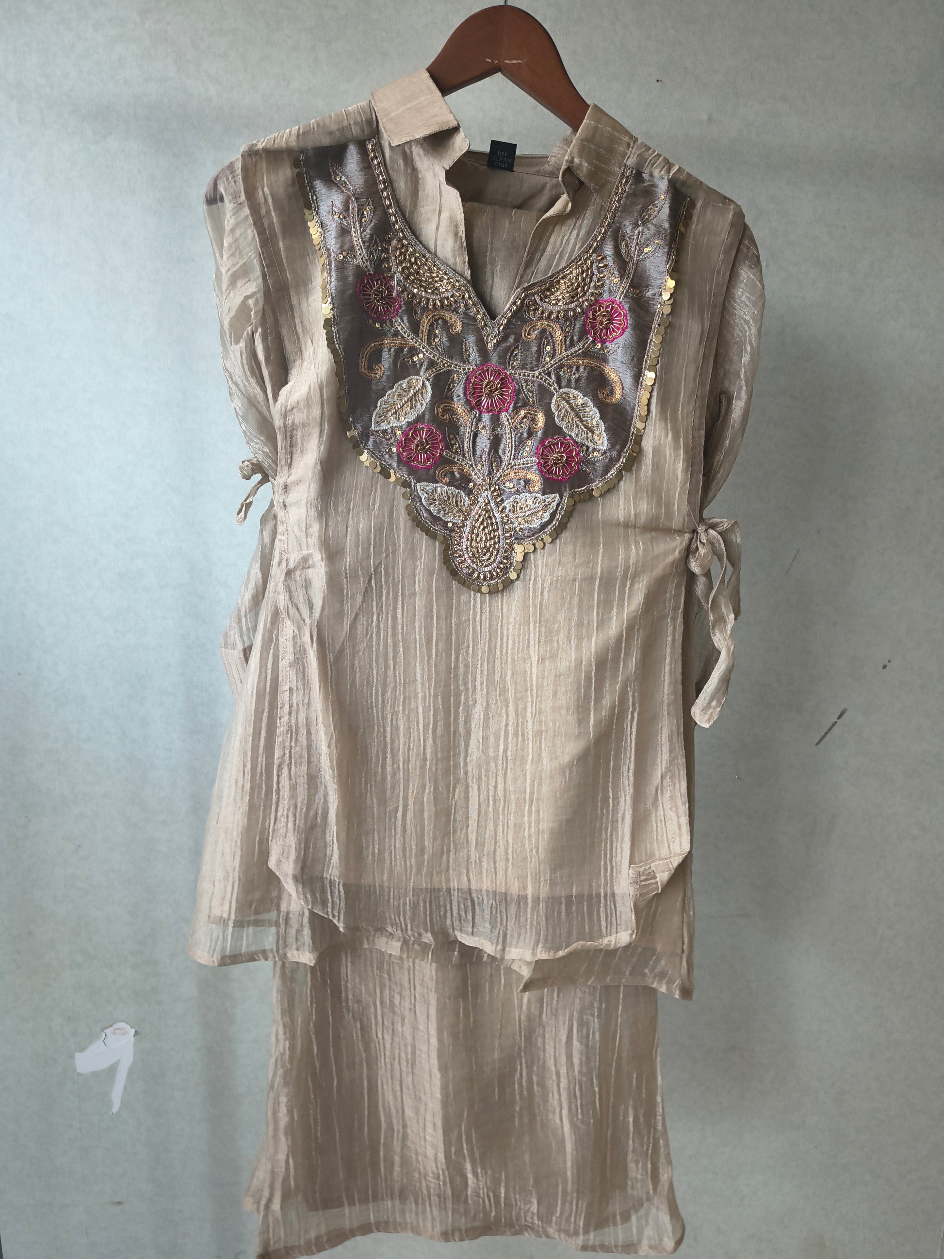 Premium Champagne Tissue Silk Embroidered Kurta with Hand Embellished Statement Yoke