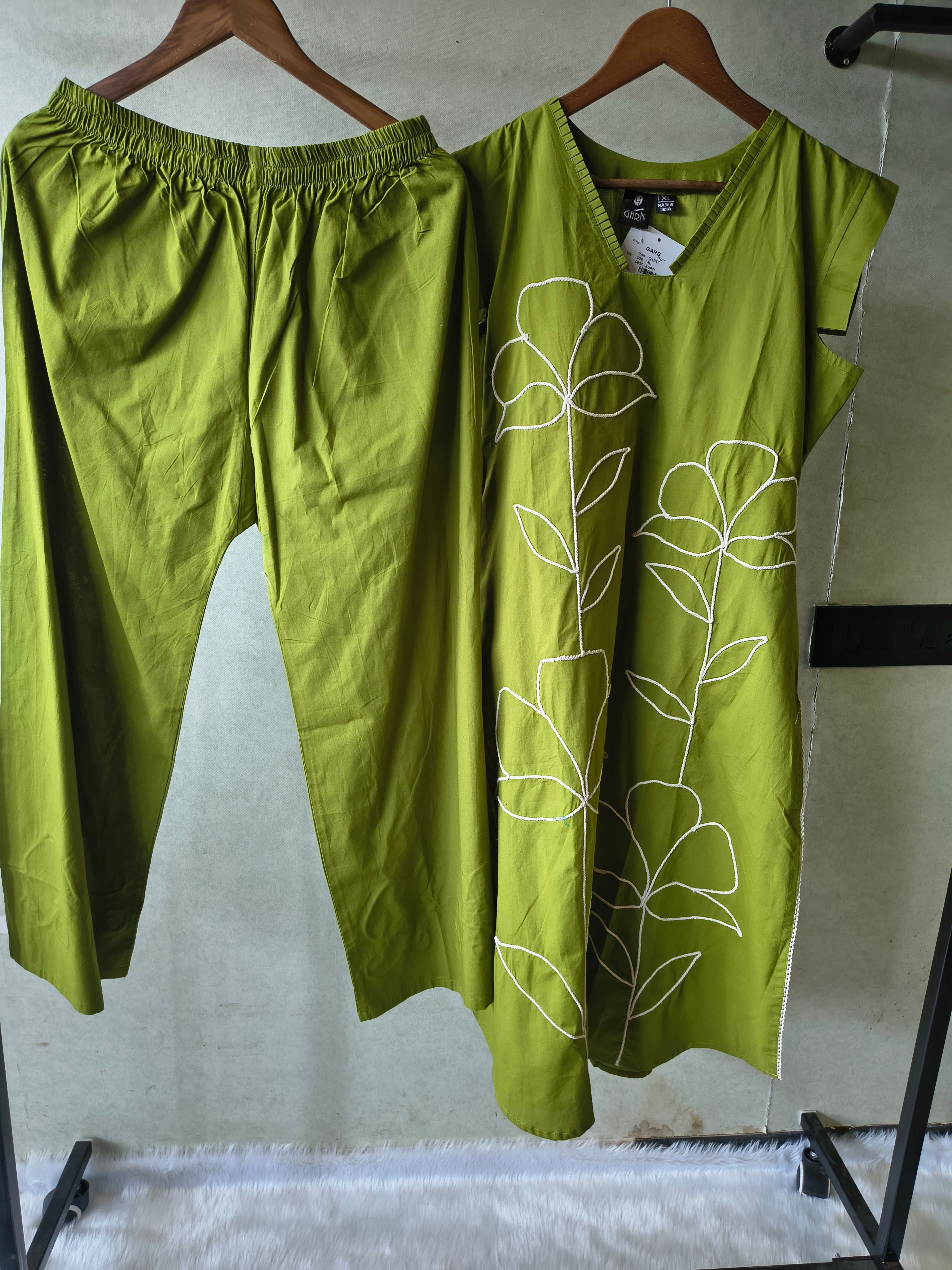 Image of Olive Green Cotton Co-Ord Set with Abstract Floral Cord Embroidery