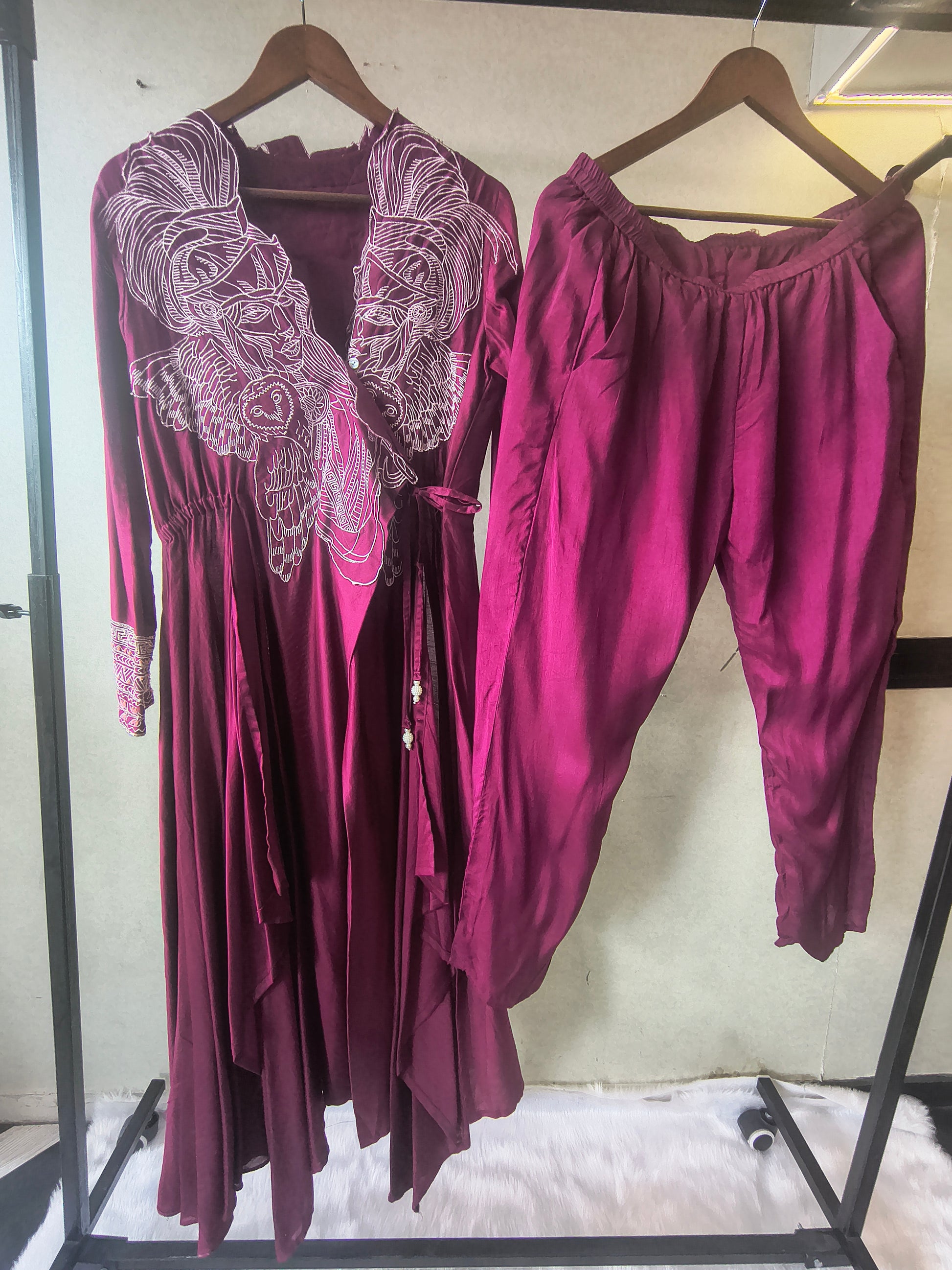 Wine Embroidered Wrap Style Indo-Western Jacket with Dhoti Pants – Designer 2 Piece Fusion Set