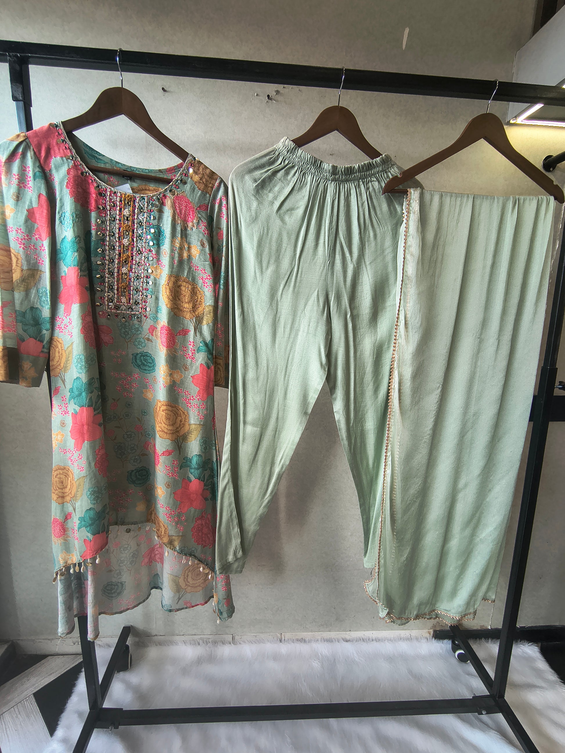 Premium Mint Green Floral Printed Kurta Set with Embellished Neckline & Dupatta
