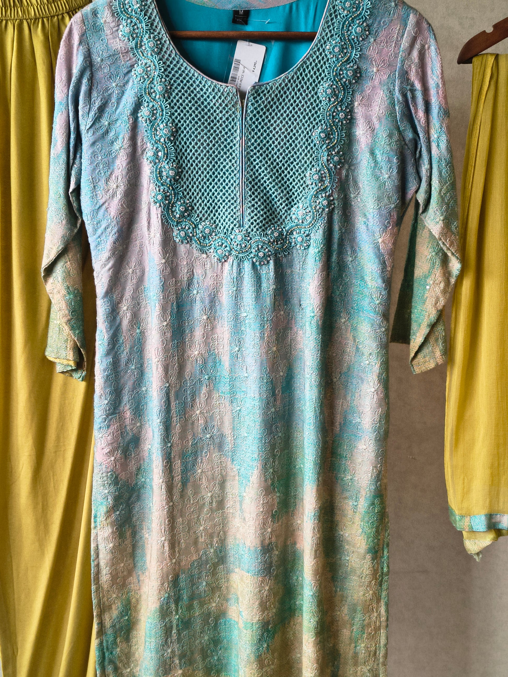 Premium Aqua Blue Digital Printed Kurta Set with Embroidered Yoke & Solid Mustard Palazzo with Dupatta