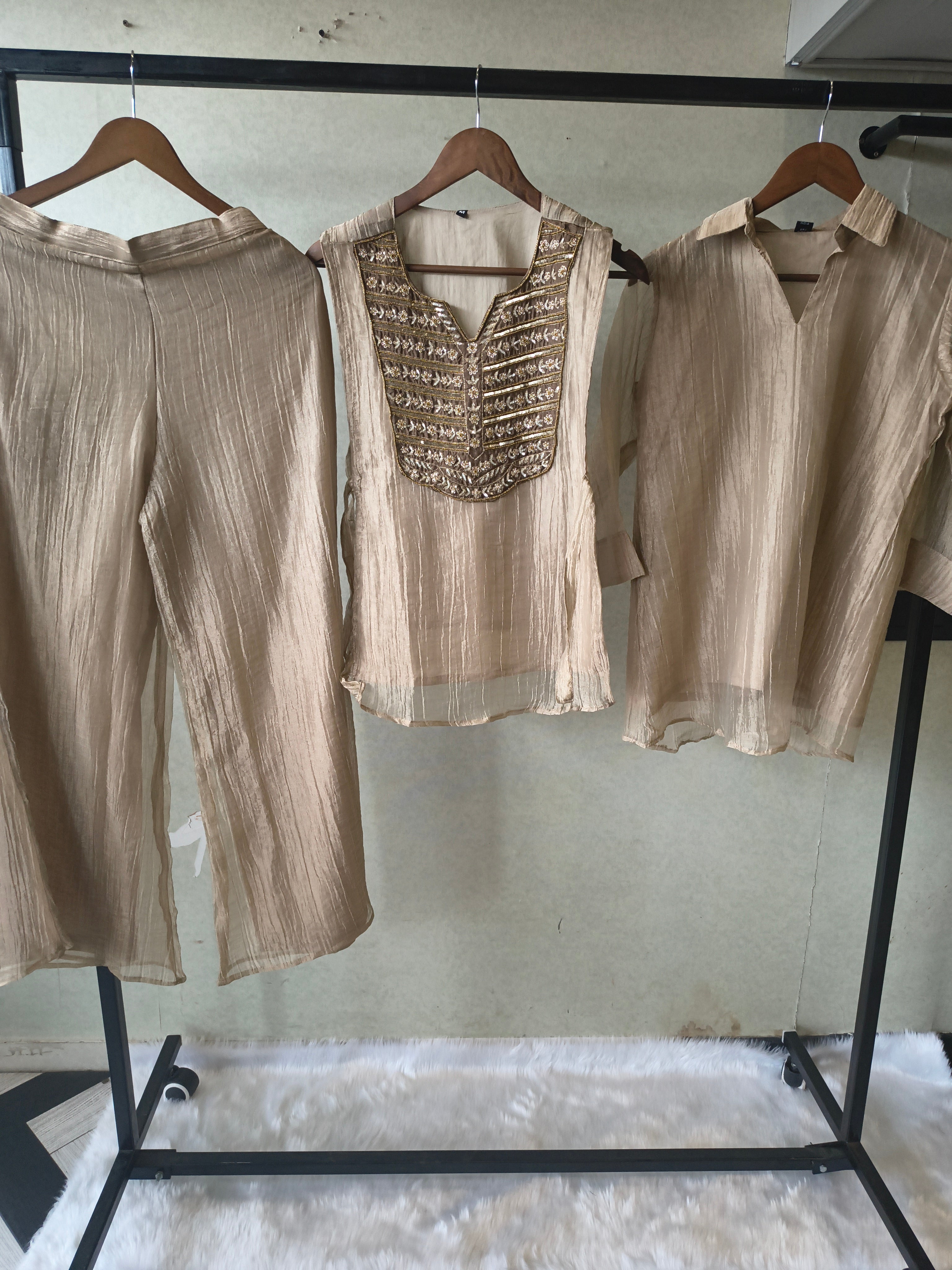 Image of Premium Champagne Gold Tissue Silk 3-Piece Co-Ord Set with Antique Zari Embroidered Jacket, Inner & Palazzo