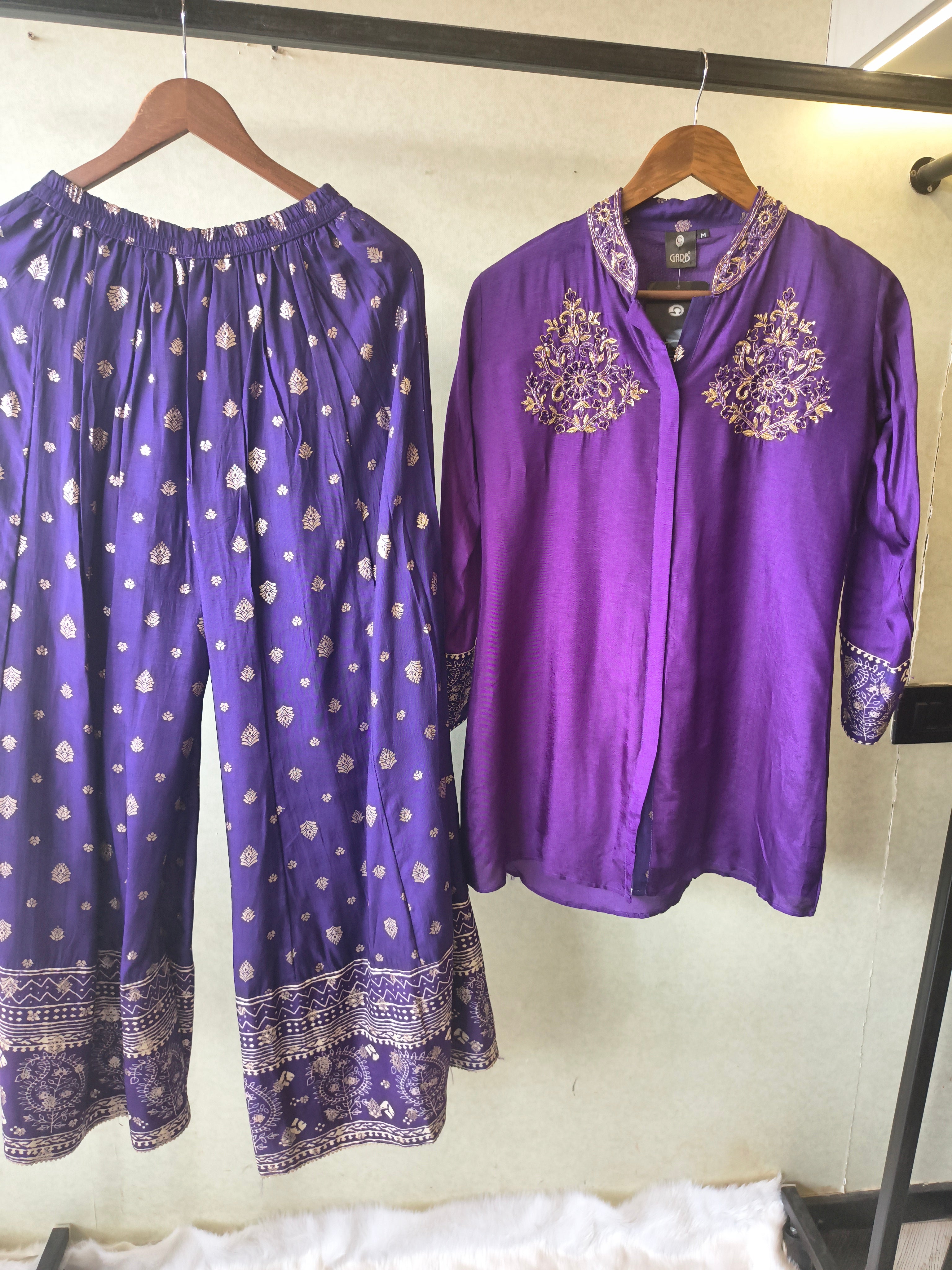 Image of Royal Purple Designer Embroidered Co-Ord Set with Printed Palazzo