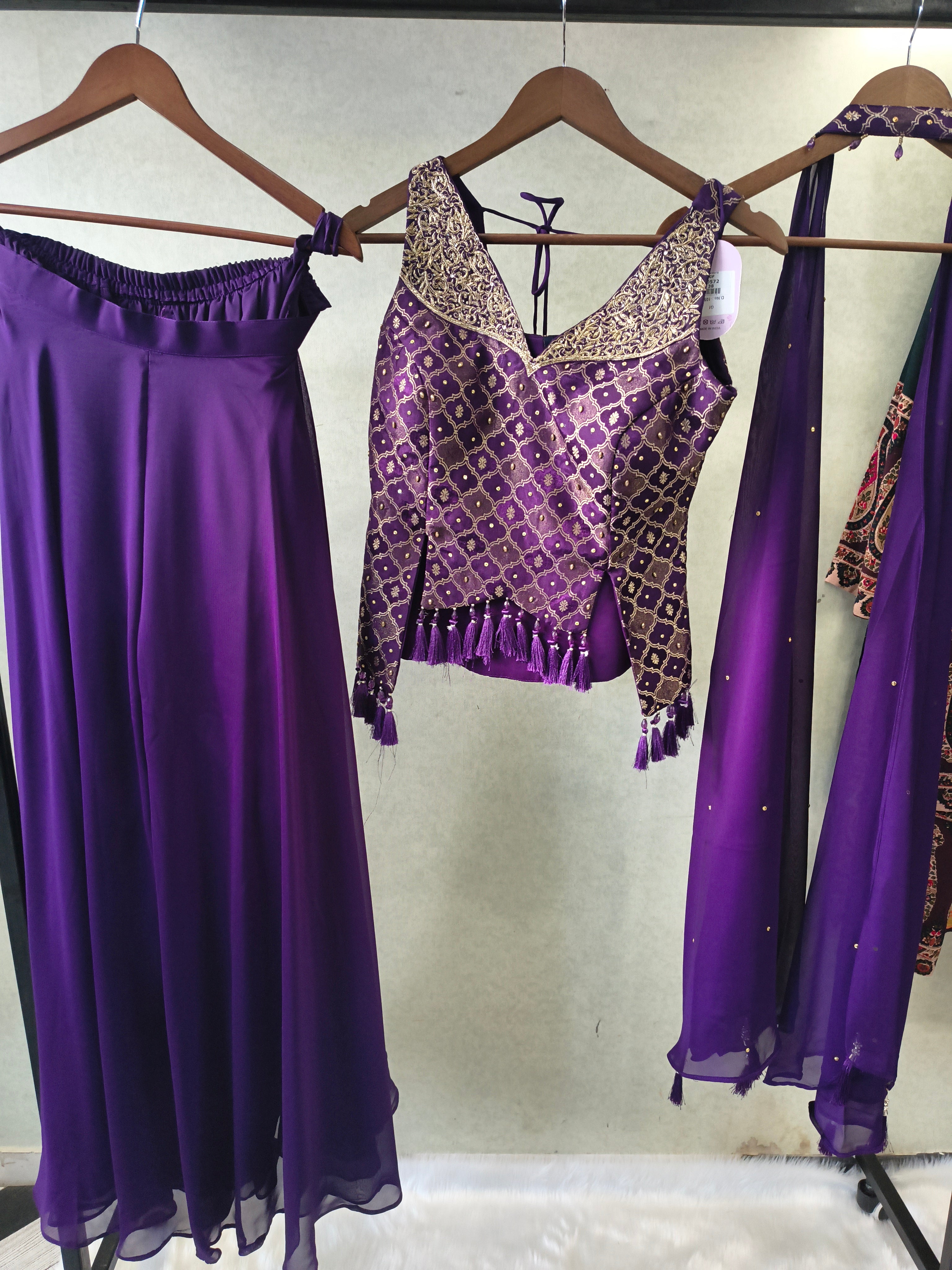 Image of Royal Purple Brocade Blouse with Flared Palazzo & Embellished Choker Dupatta – 3 Piece Designer Indo-Western Set