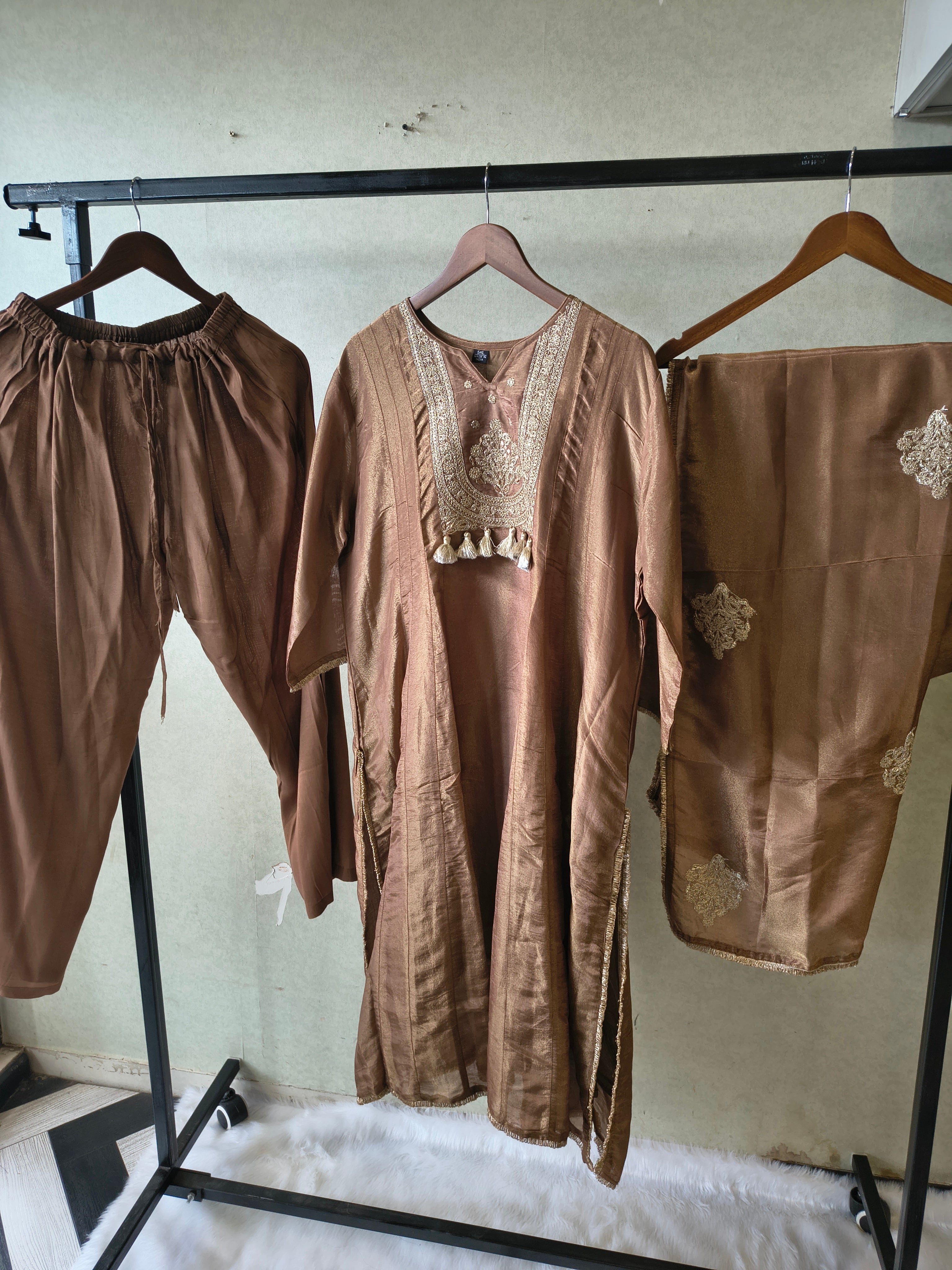 Image of Premium Copper Brown Embroidered A-Line Kurta Set with Dupatta