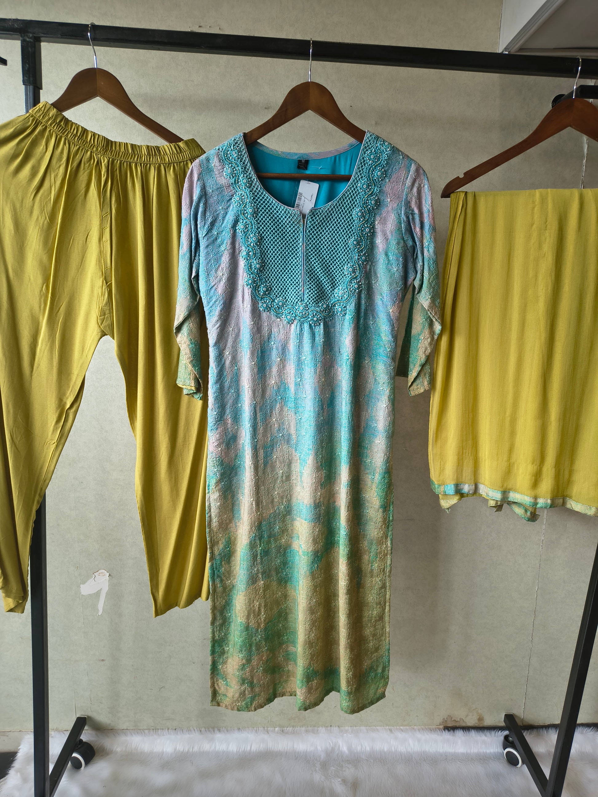Premium Aqua Blue Digital Printed Kurta Set with Embroidered Yoke & Solid Mustard Palazzo with Dupatta