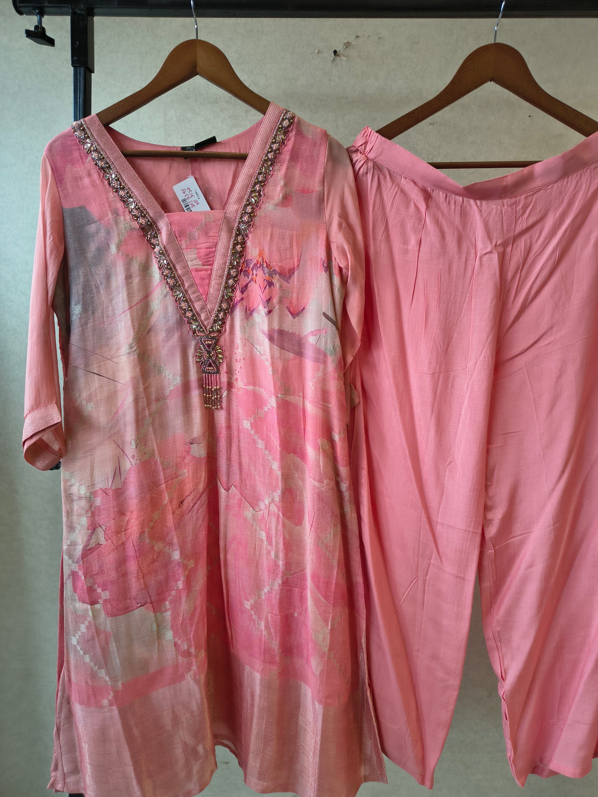 Blush Pink Floral Printed Kurta Set with Embellished Neckline | Premium 3 Piece Ethnic Suit