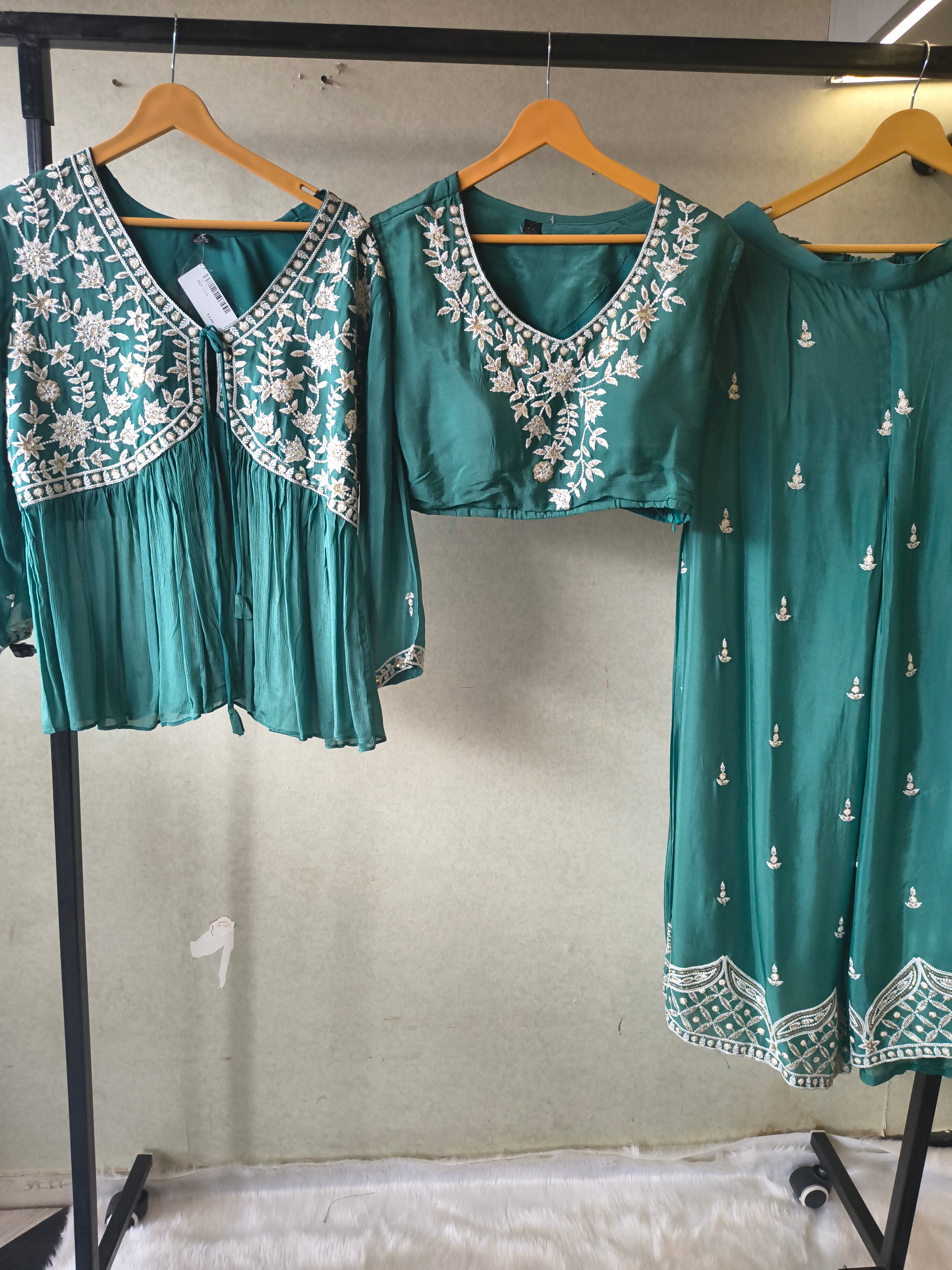Image of Emerald Green Embroidered Peplum Jacket with Blouse & Flared Palazzo – Designer 3 Piece Indo-Western Set