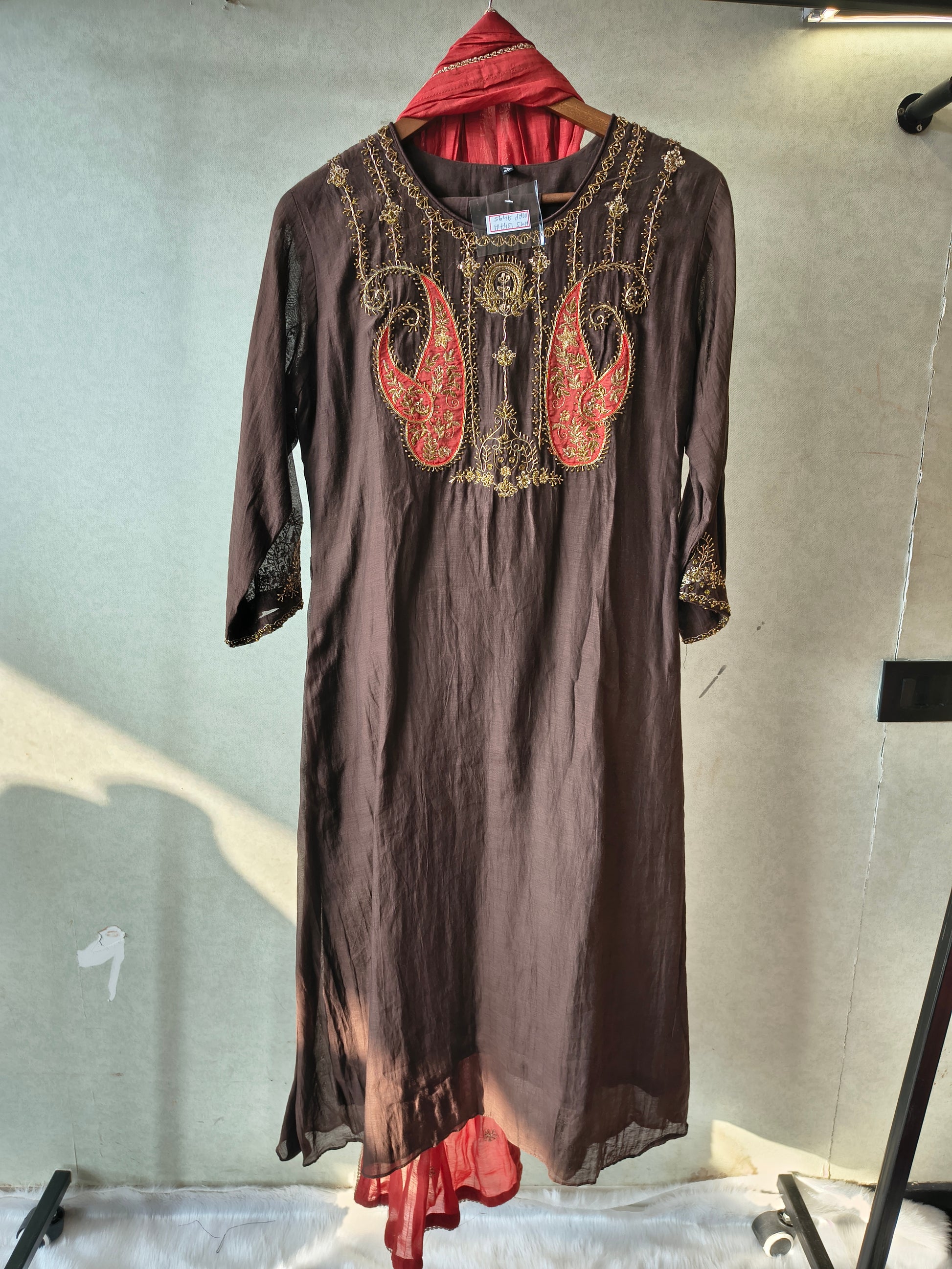 Midnight Black Embroidered Straight Kurta Set with Statement Paisley Yoke, Contrast Crimson Dupatta & Premium 3 Piece Ethnic Ensemble