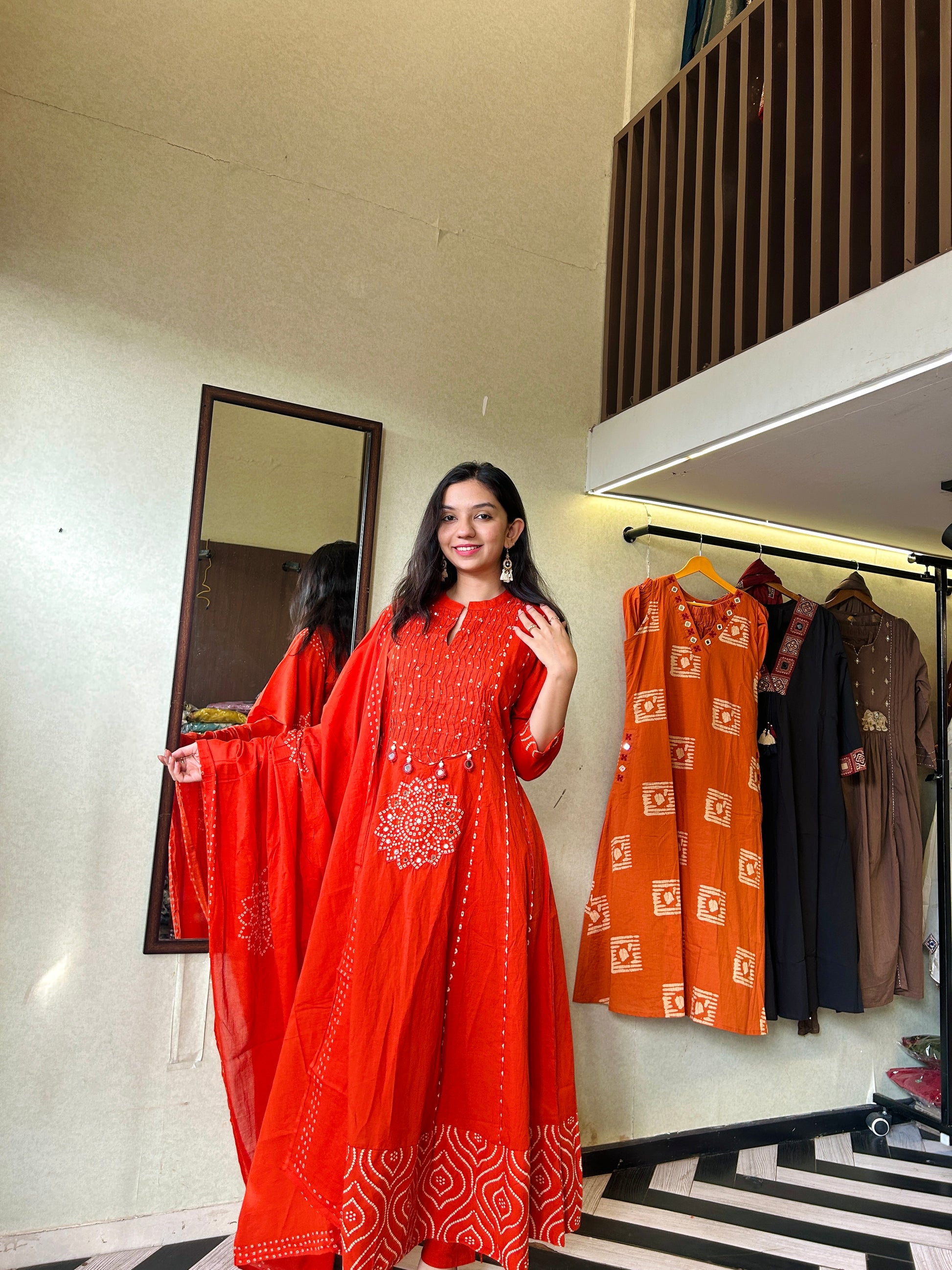 Pure Mull Cotton Bandhani 3 Piece Anarkali Set