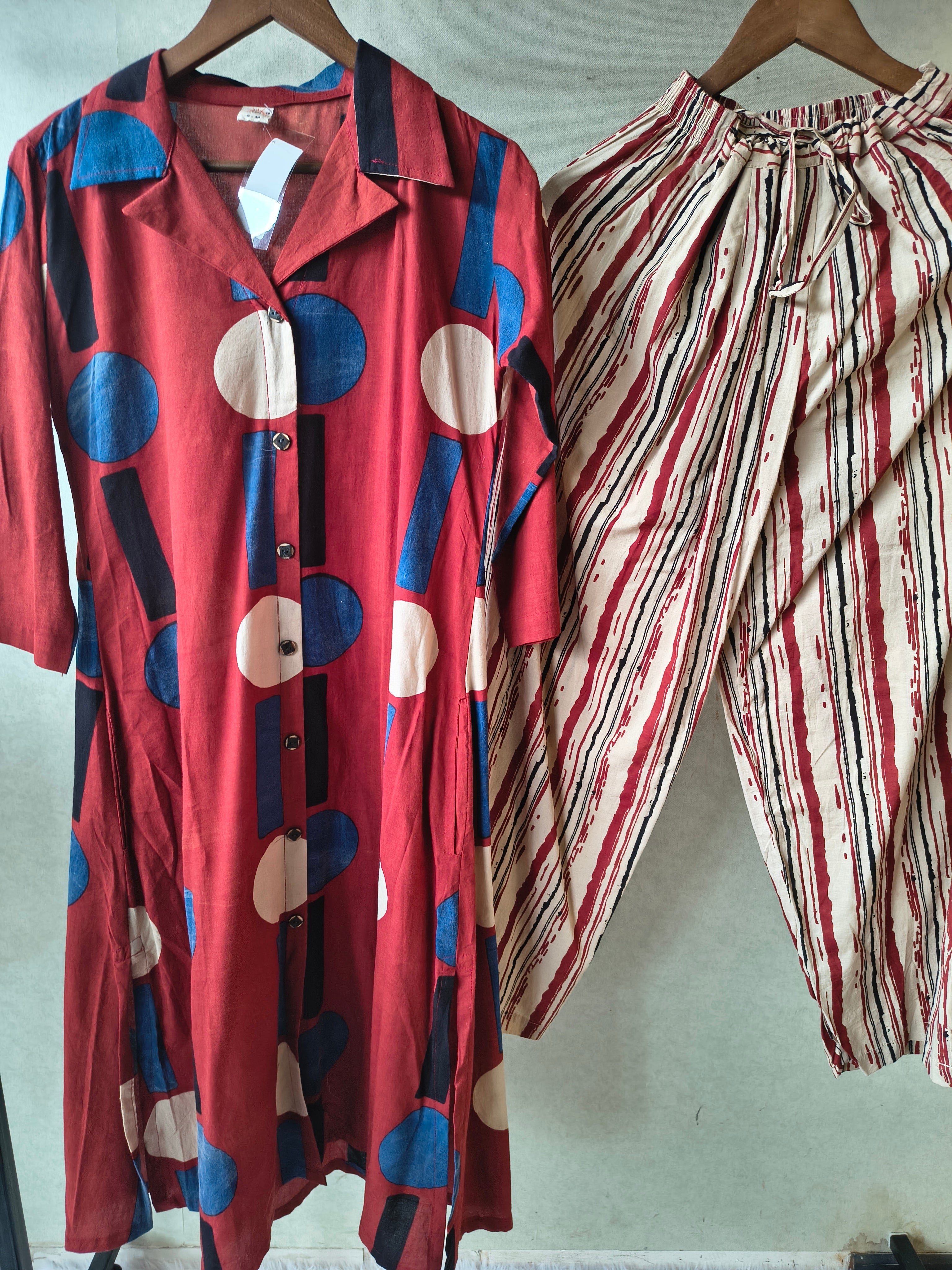Image of Premium Rust Red Abstract Printed Shirt Kurta with Striped Relaxed Pants Co-Ord Set