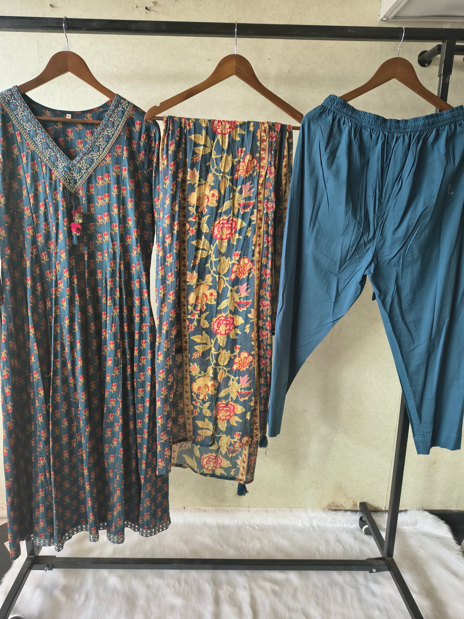 Premium Teal Blue Floral Printed Anarkali Kurta Set with Embroidered V-Neck, Solid Pants & Designer Printed Dupatta