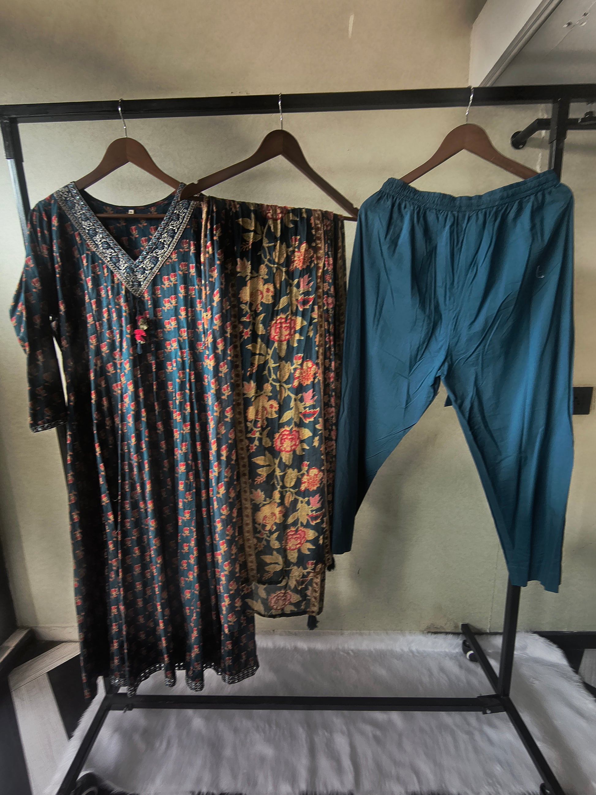 Premium Teal Blue Floral Printed Anarkali Kurta Set with Embroidered V-Neck, Solid Pants & Designer Printed Dupatta