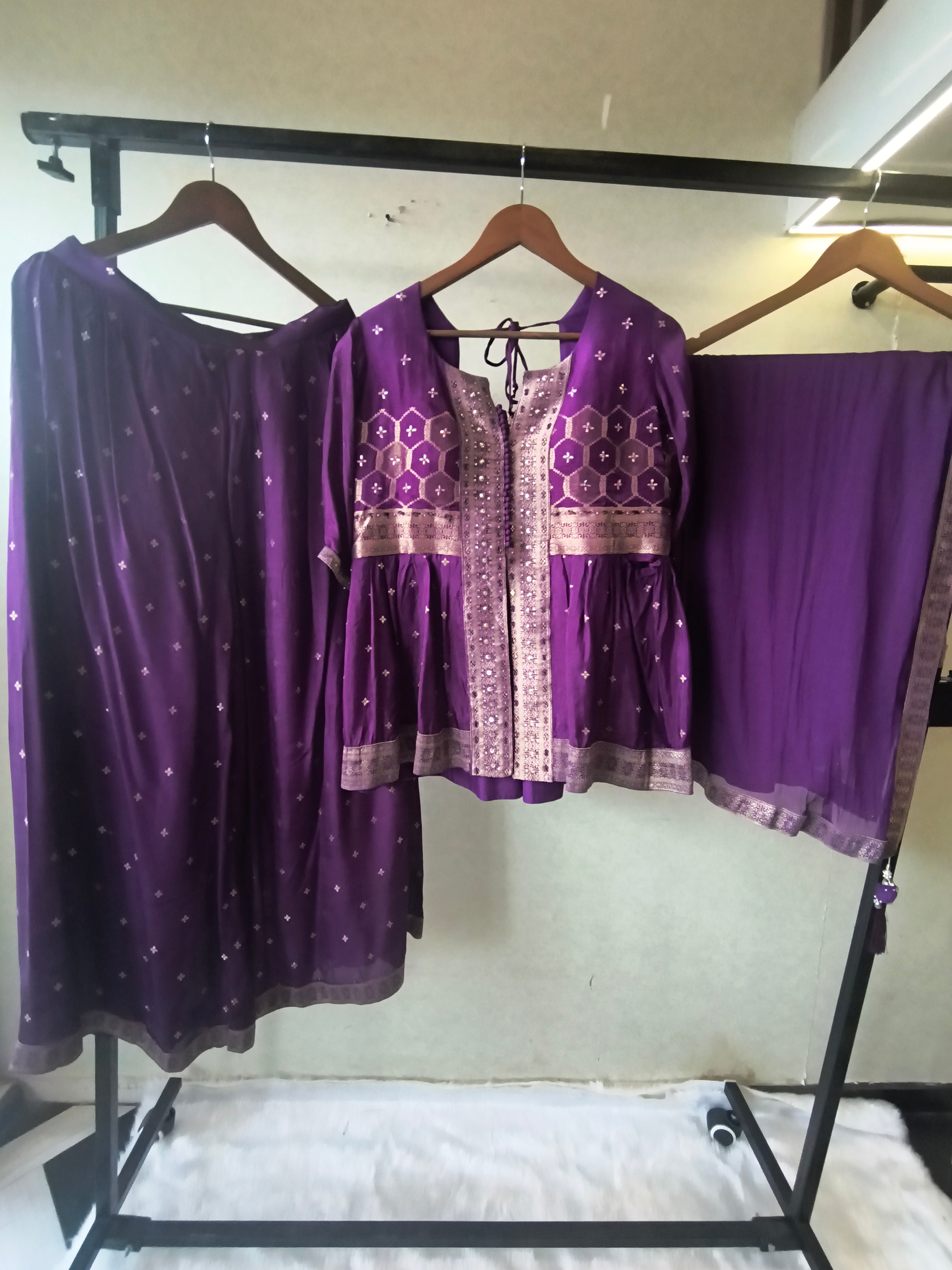 Image of Royal Purple Tissue Silk Embroidered Peplum Jacket with Flared Palazzo & Designer Dupatta – 3 Piece Festive Indo-Western Set
