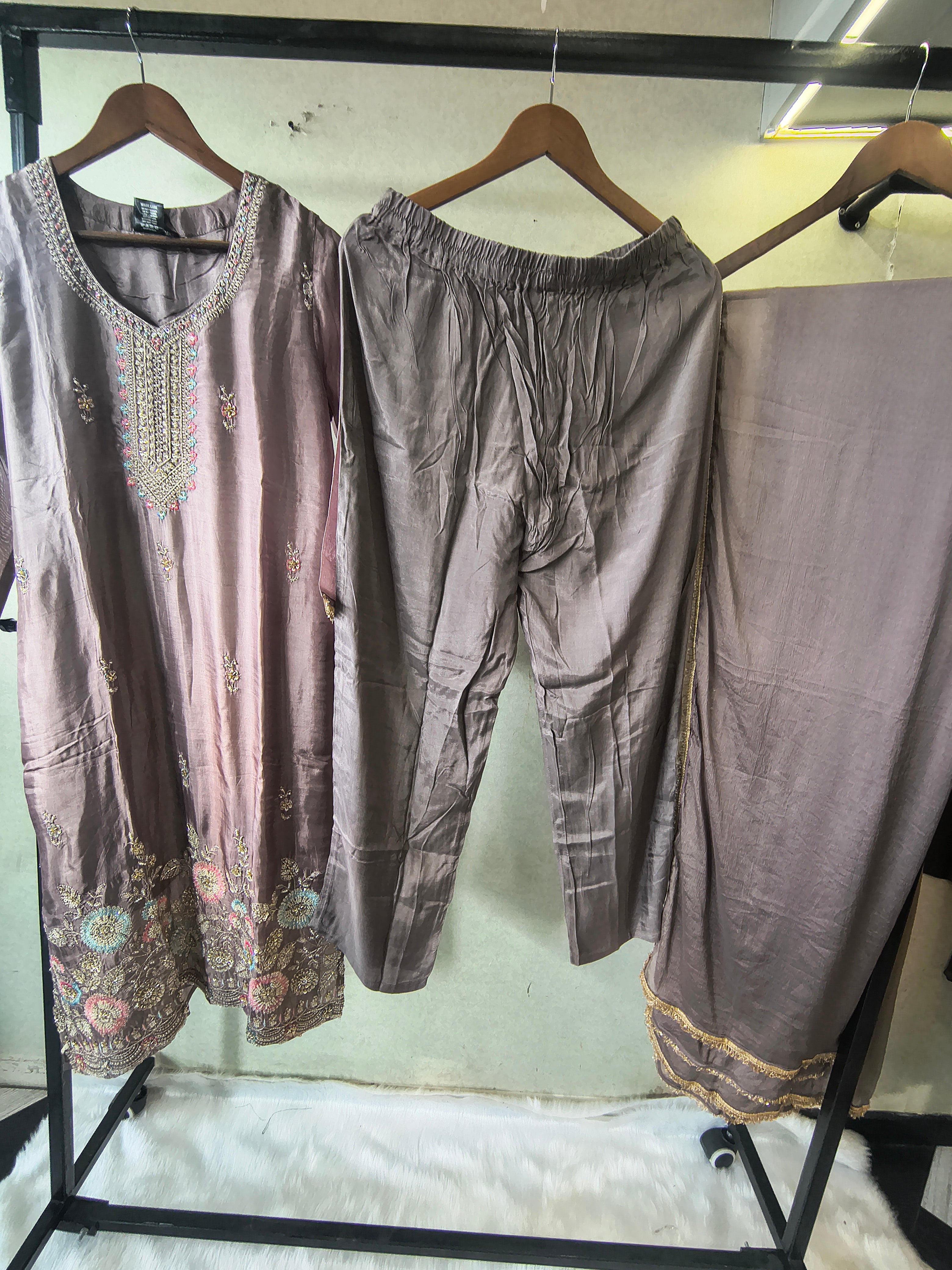 Image of Taupe Grey Embroidered Straight Kurta Set with Pastel Floral Hem, Handcrafted Yoke & Lace Border Dupatta – Premium 3 Piece Ethnic Ensemble