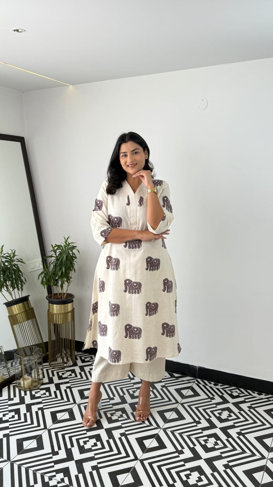 Explore Breathable & Embroidered and beautiful elephant print all over kurti Co-ord Sets your go-to for any occasion