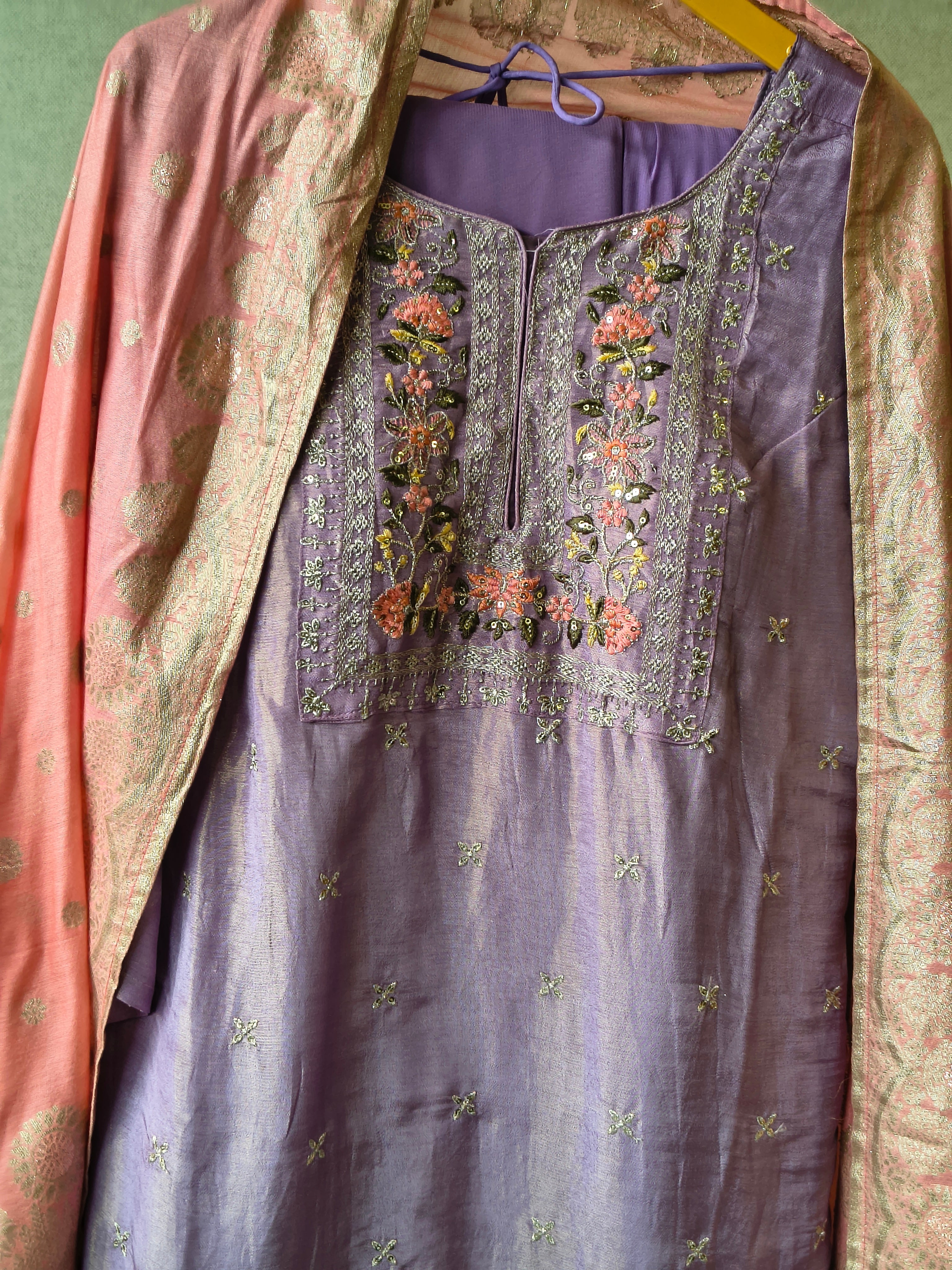 Image of Premium Lavender Embroidered Kurta with Sharara & Banarasi Dupatta Set