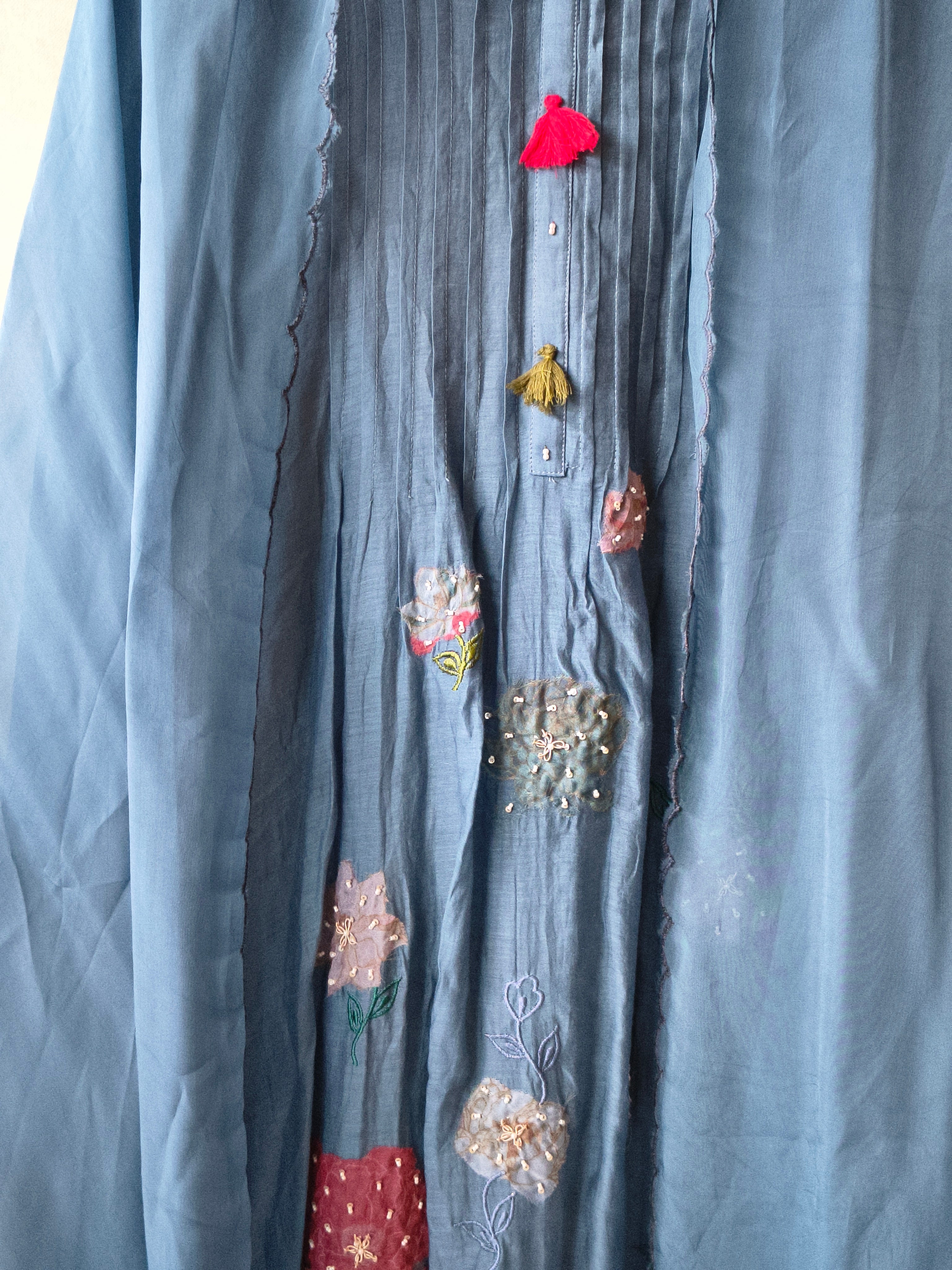 Image of Premium Steel Blue Embroidered Straight Kurta with Dhoti Pants & Embroidered Organza Dupatta Set