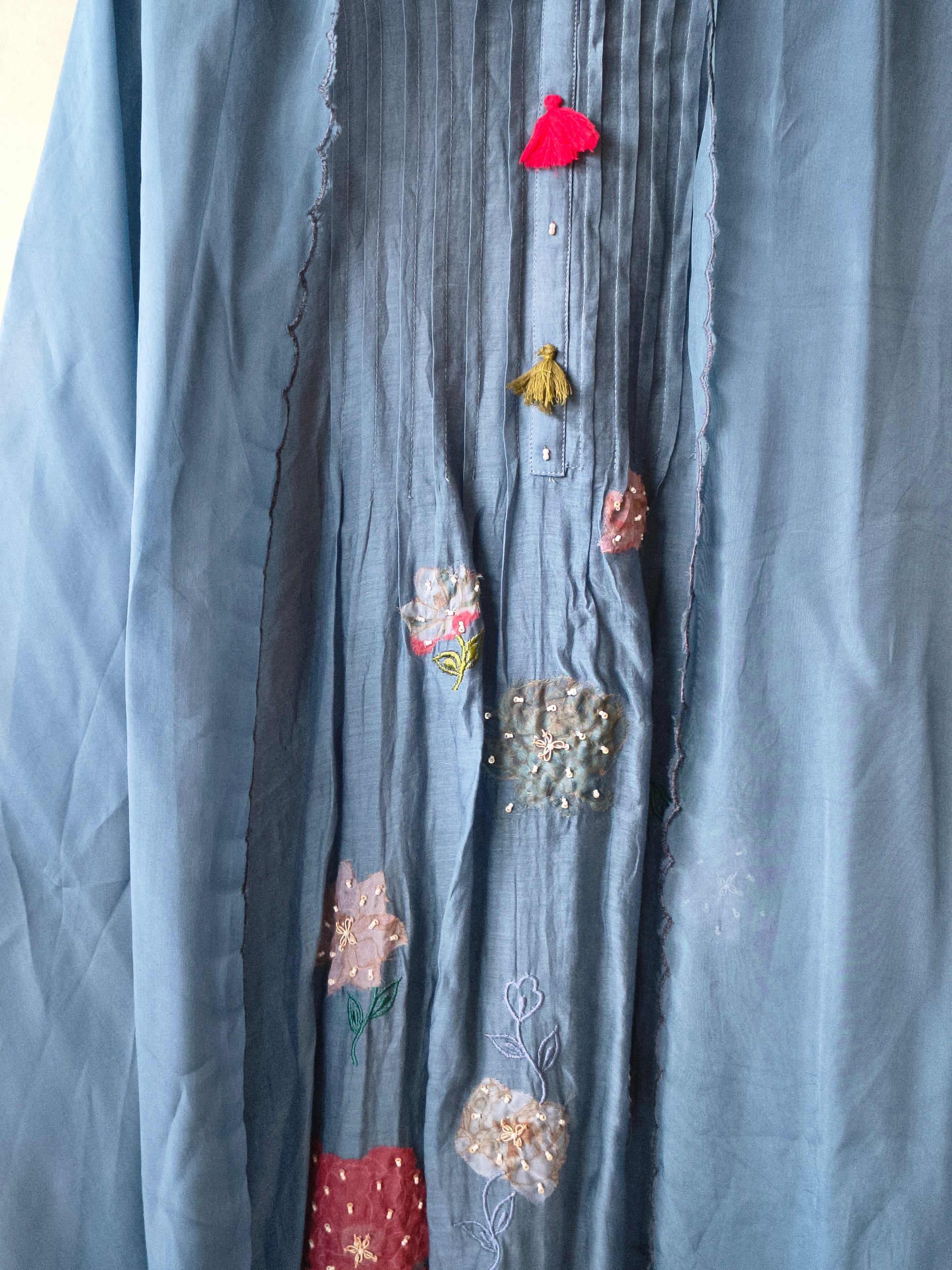 Premium Steel Blue Embroidered Straight Kurta with Dhoti Pants & Embroidered Organza Dupatta Set