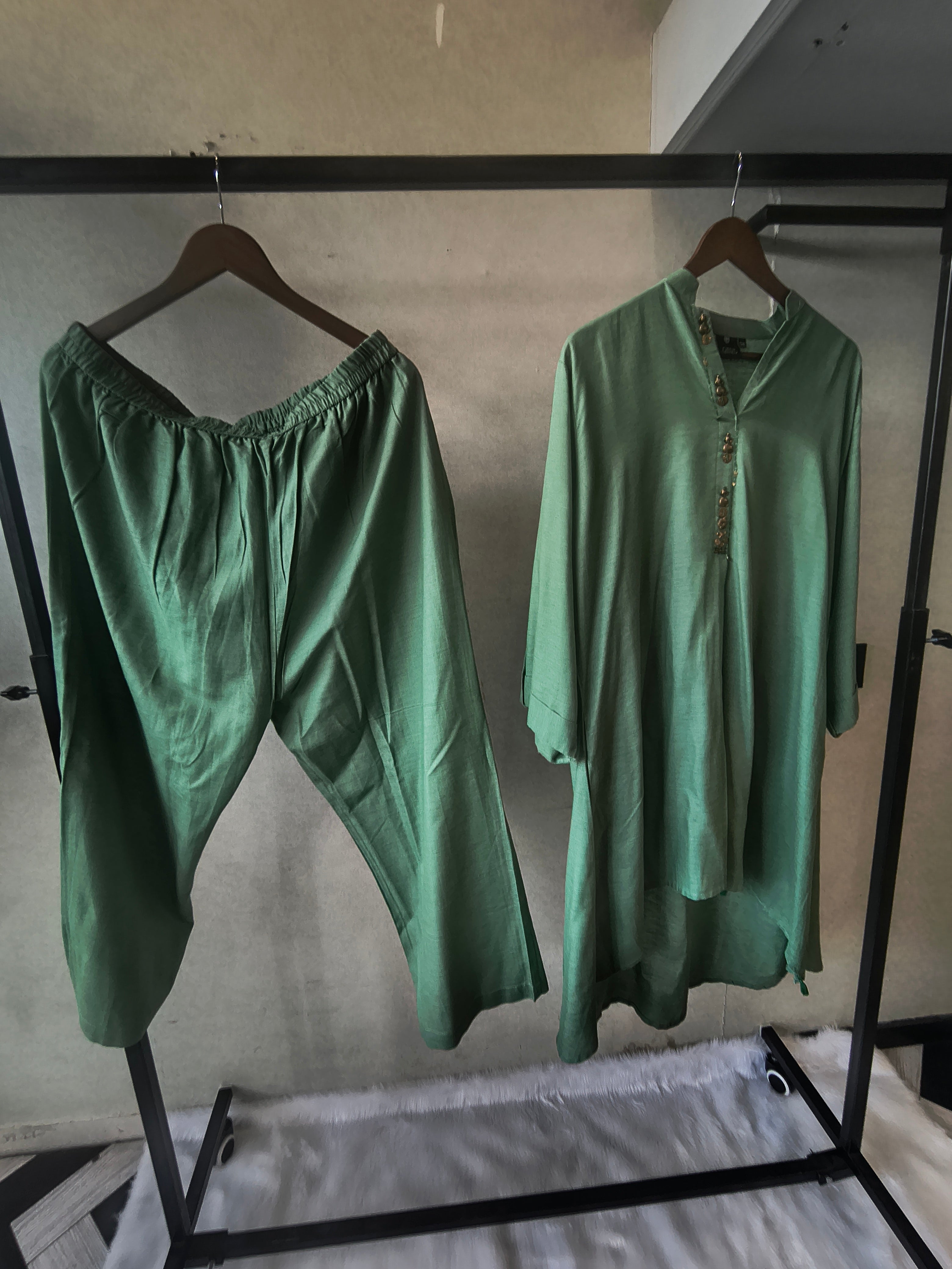 Image of Premium Sage Green Designer Co-Ord Kurta Set with Antique Button Detailing