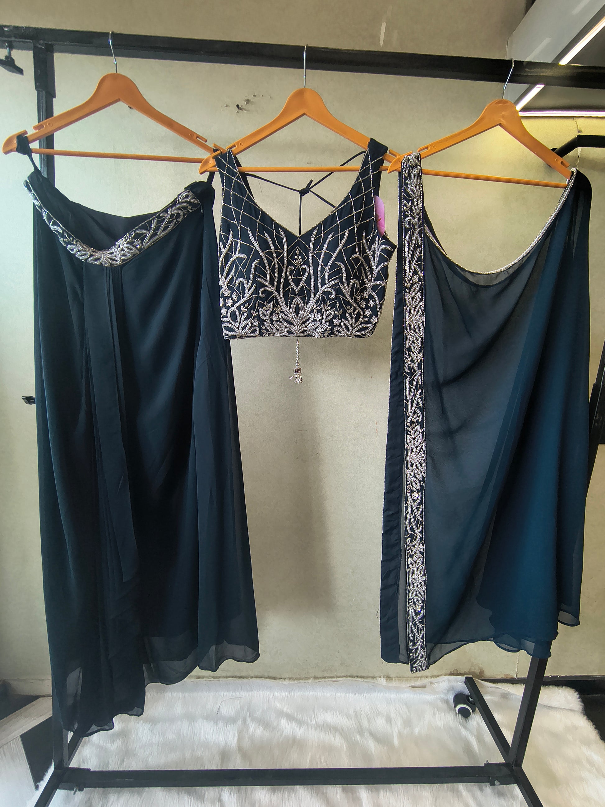 Midnight Navy Embroidered Designer Blouse with Flared Palazzo & Embroidered Dupatta – 3 Piece Festive Indo-Western Set