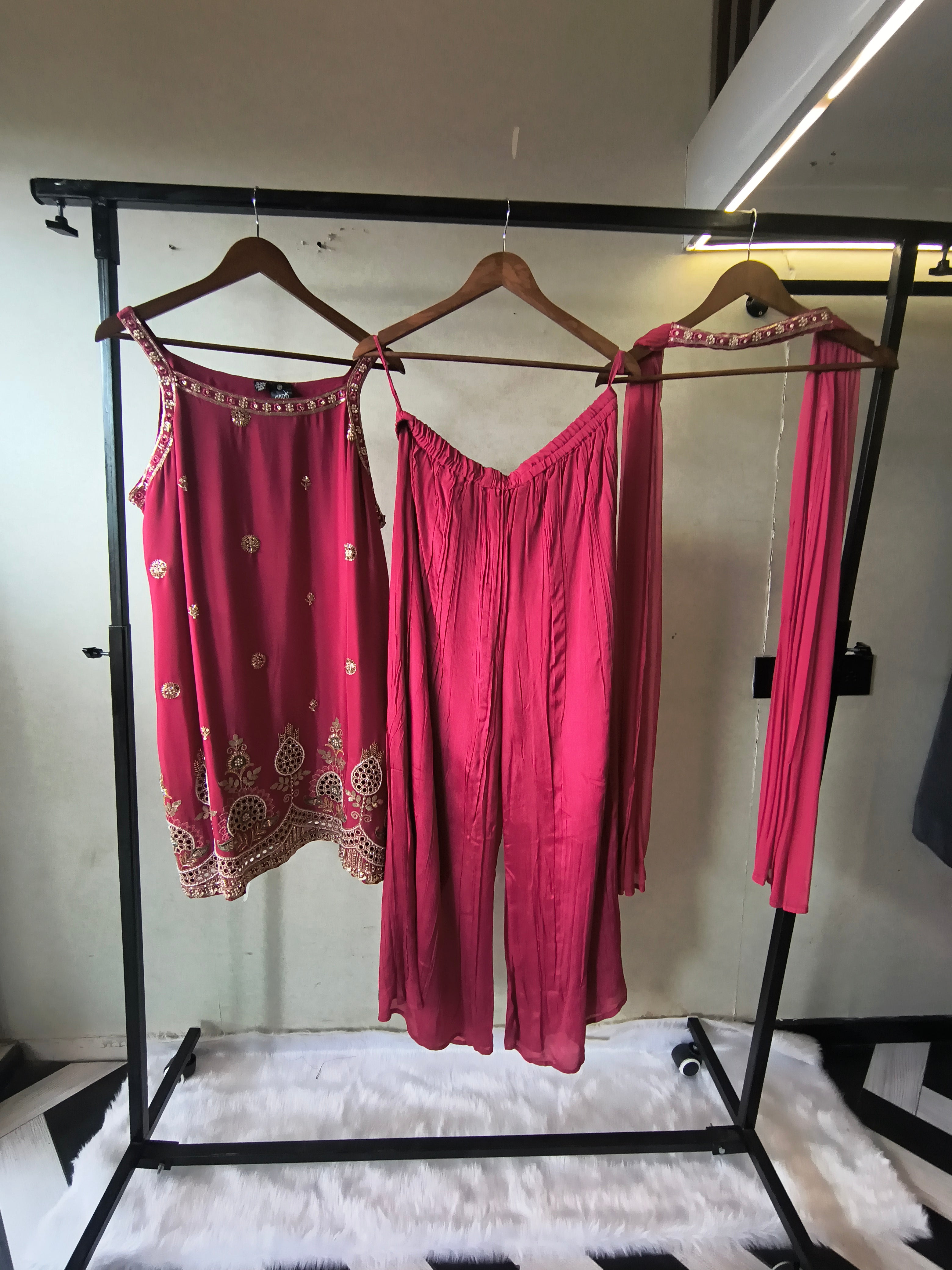 Image of Rani Pink Hand Embroidered Kurta Set with Designer Palazzo & Embellished Dupatta – Premium 3 Piece Festive Ensemble