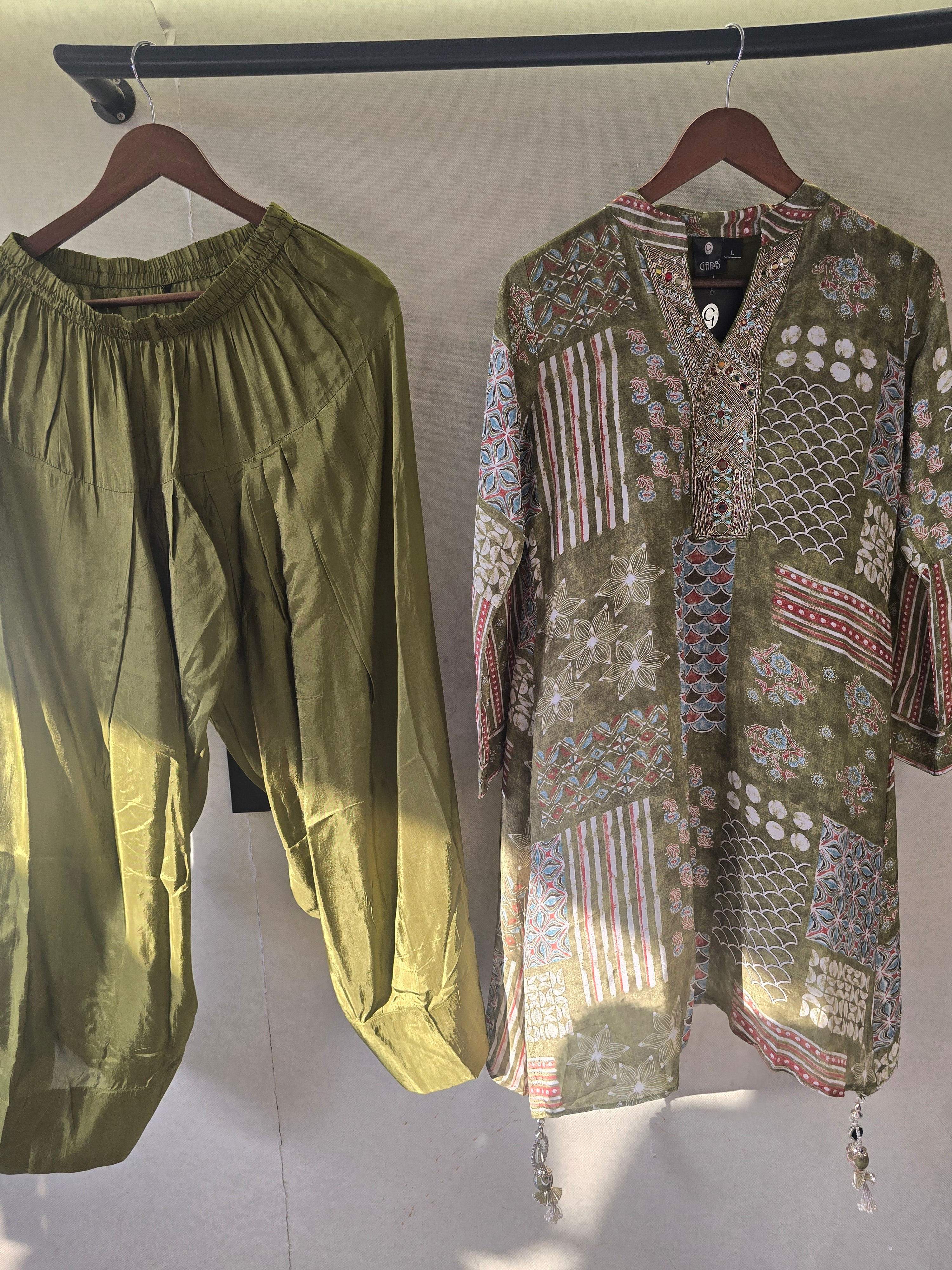 Image of Olive Patchwork Print Embroidered Co-Ord Set