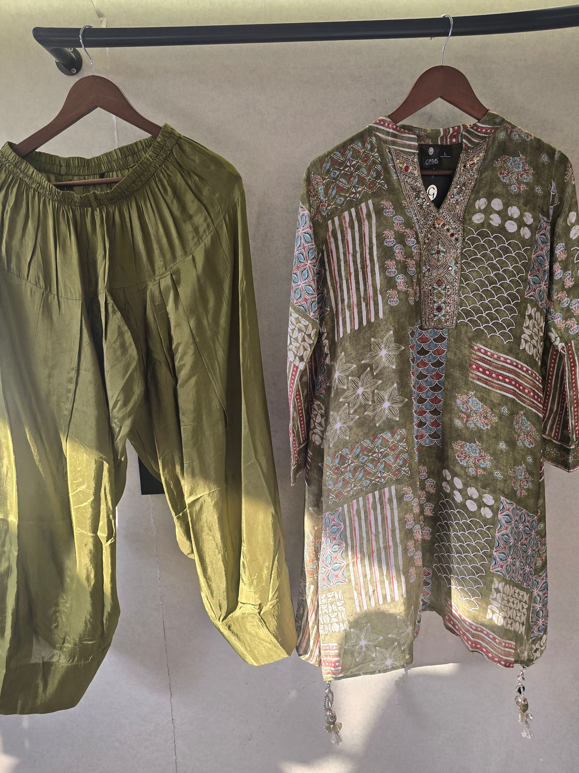 Olive Patchwork Print Embroidered Co-Ord Set