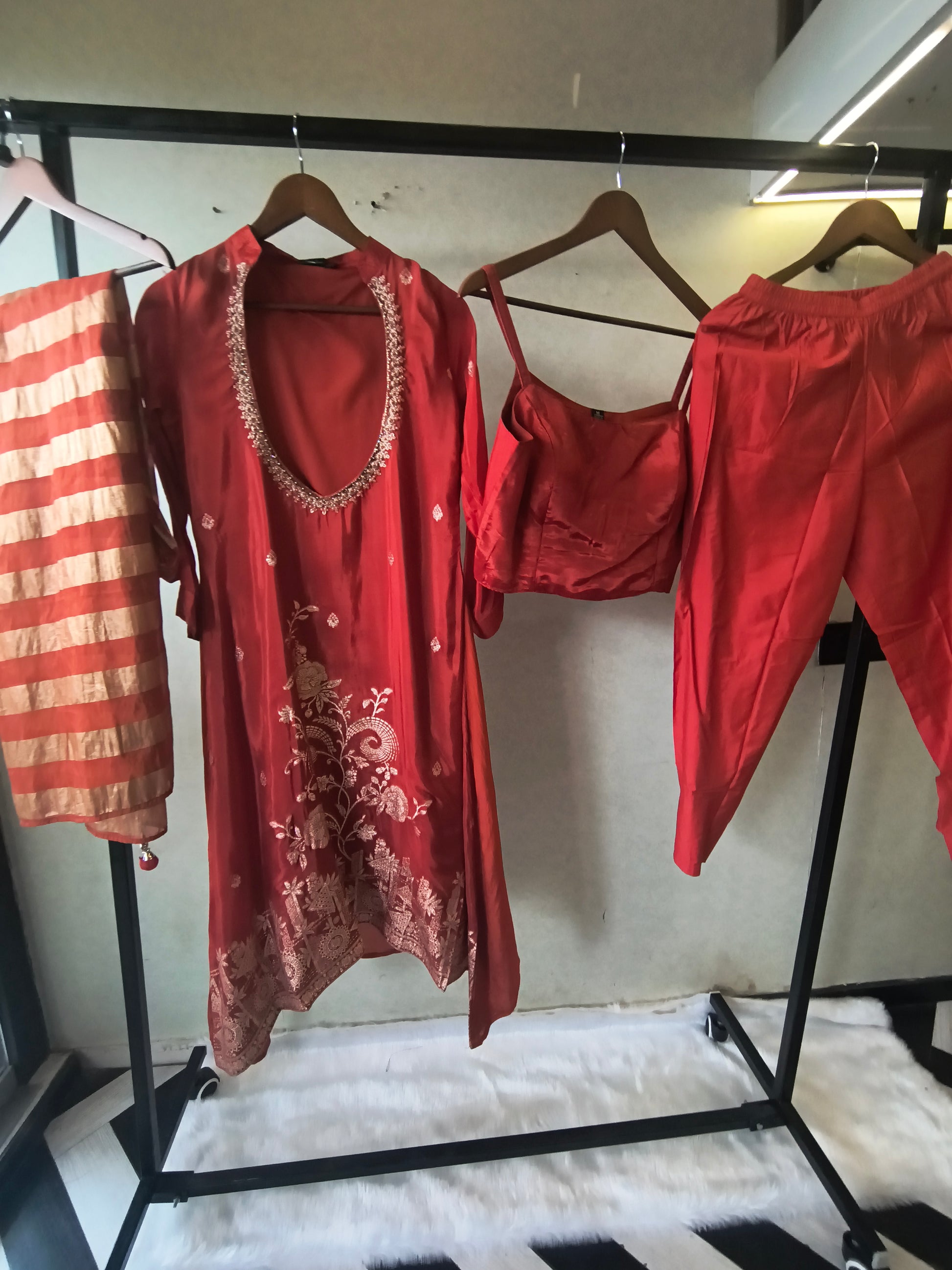Ruby Red Embroidered Asymmetrical Kurta with Inner, Cigarette Pants & Striped Dupatta – 4 Piece Designer Indo-Western Set