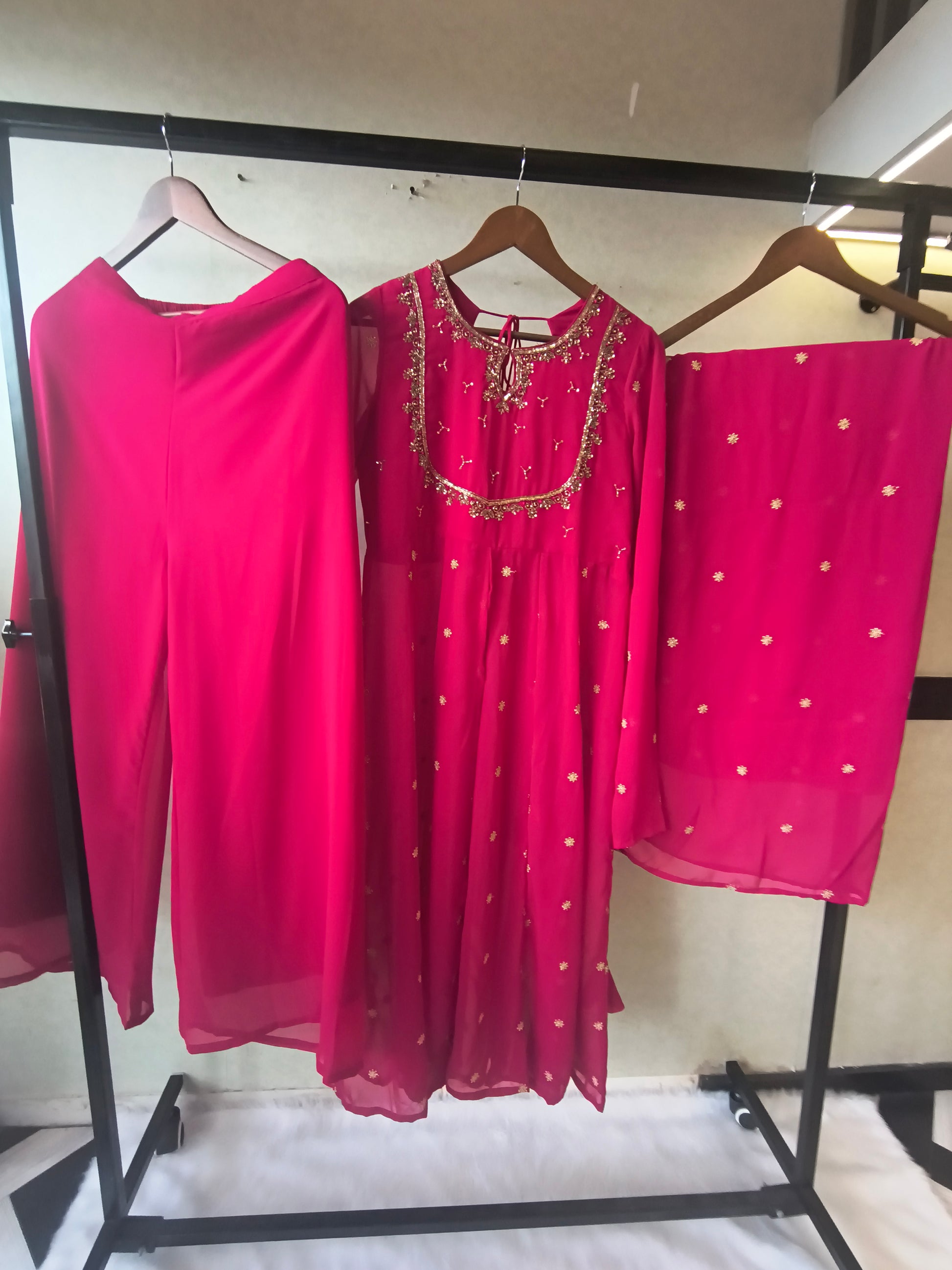 Premium Fuchsia Pink Embroidered Kurta with Sharara & Embellished Dupatta Set