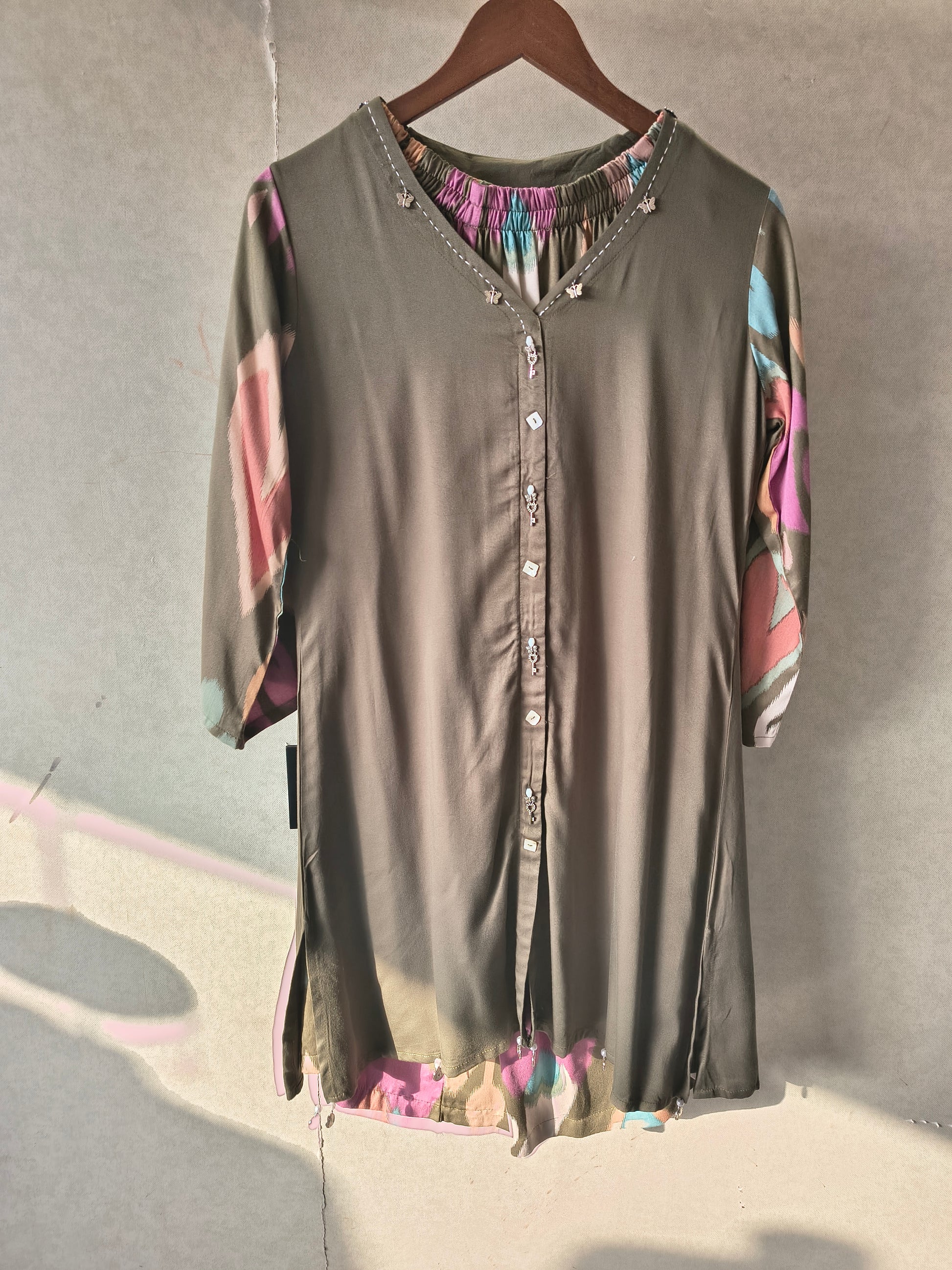 Olive Green Designer Co-Ord Set with Abstract Printed Pants & Embellished Neckline