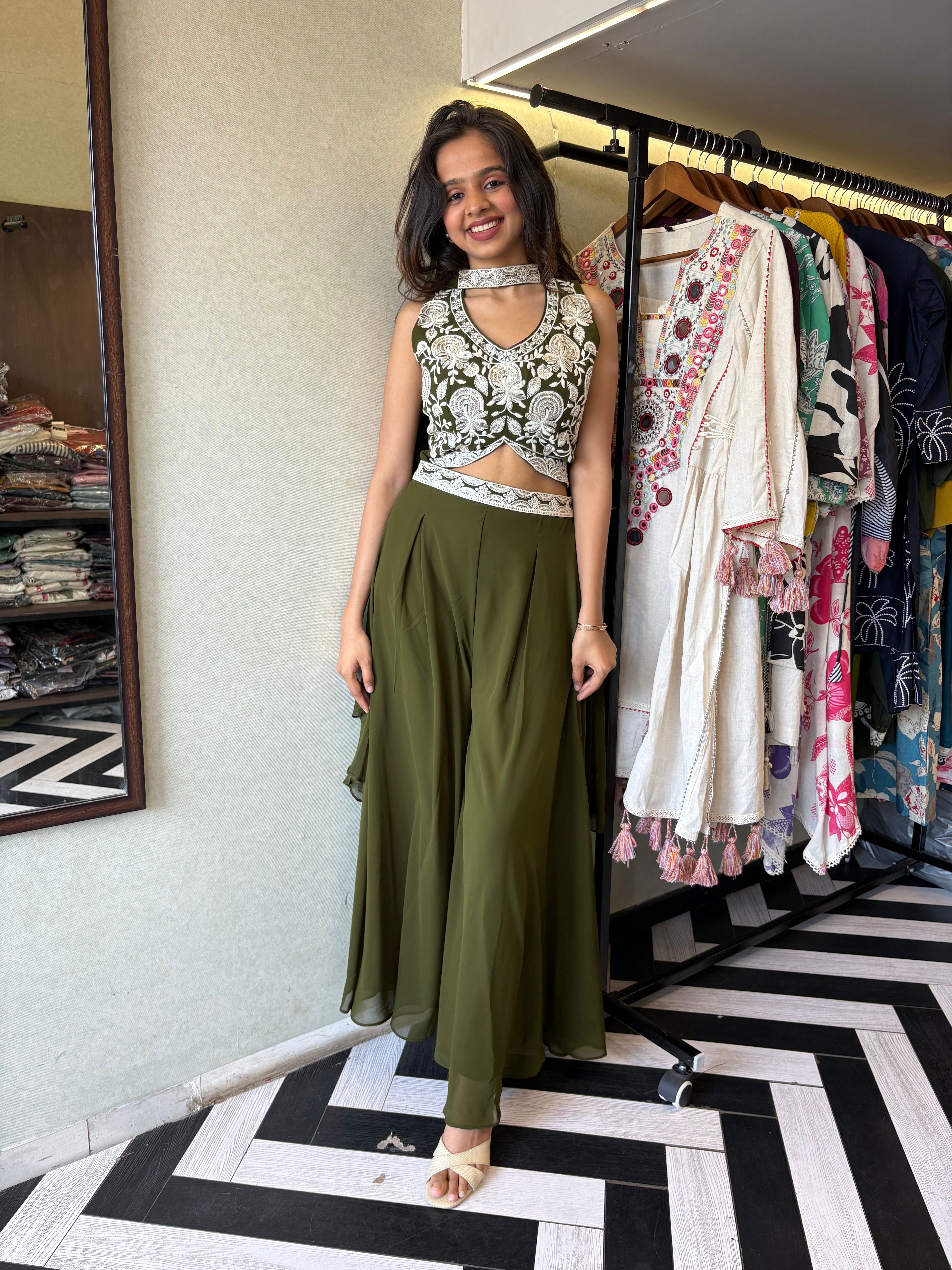 Image of Our 2-piece Indo-Western stunner - crafted in pure georgette with a fully embroidered blouse and a beautifully flowing drape-style bottom that blends Indian grace with modern charm!