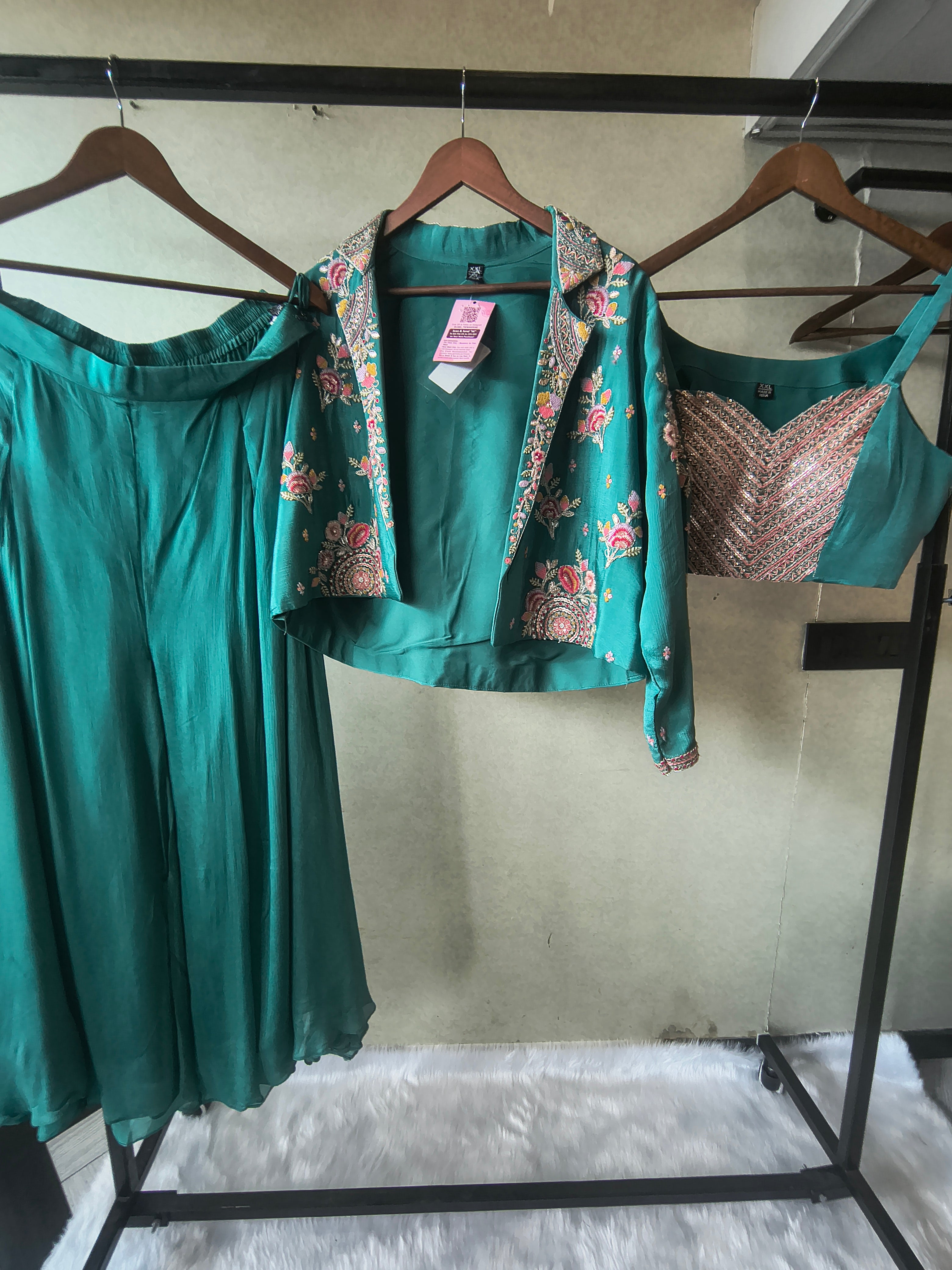 Image of Premium Emerald Green 3-Piece Designer Palazzo Set with Heavy Embroidered Jacket & Sequins Blouse