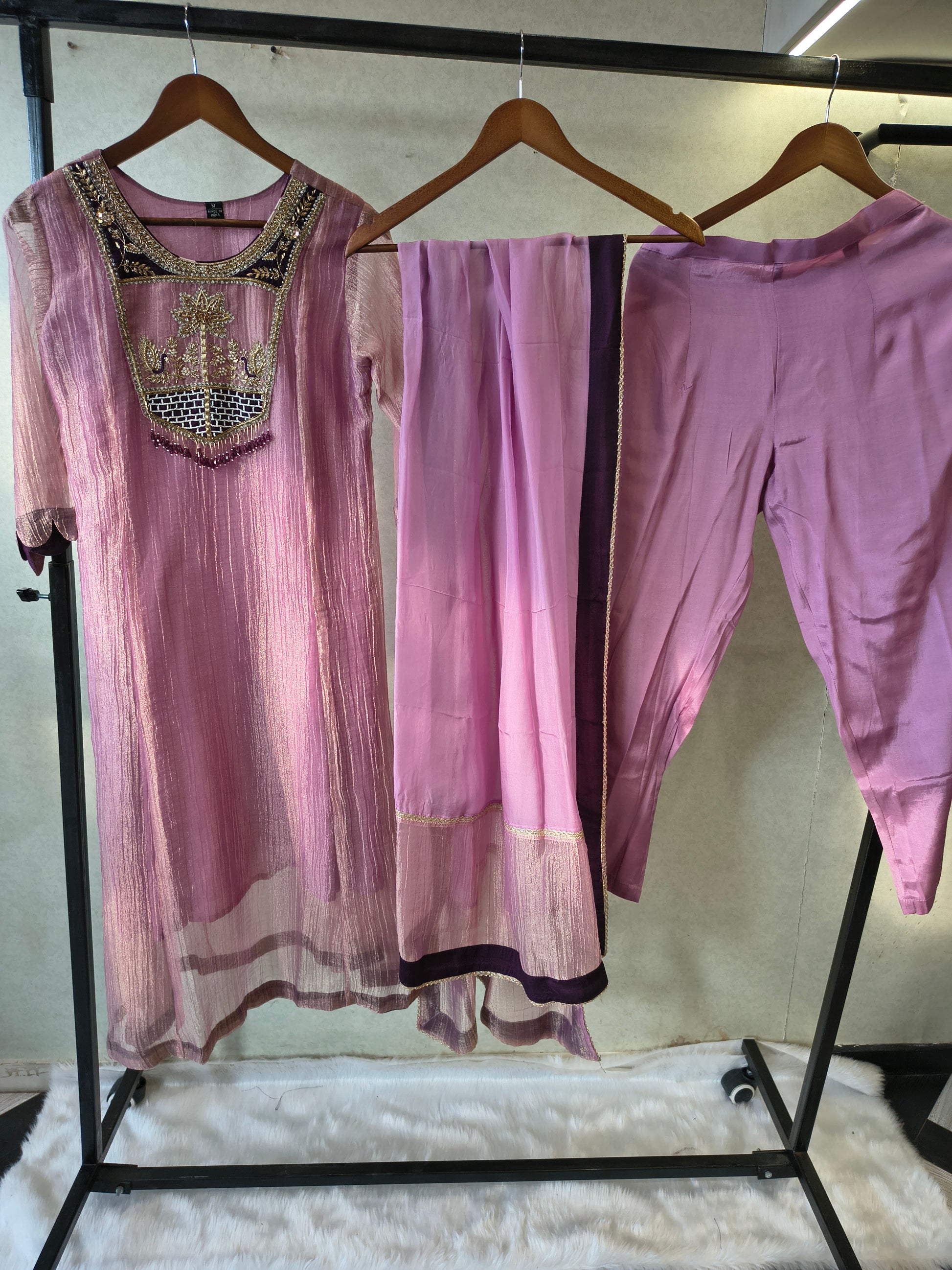Lavender Embroidered Anarkali Kurta Set with Handcrafted Statement Yoke & Organza Dupatta | Premium 3 Piece Ethnic Ensemble