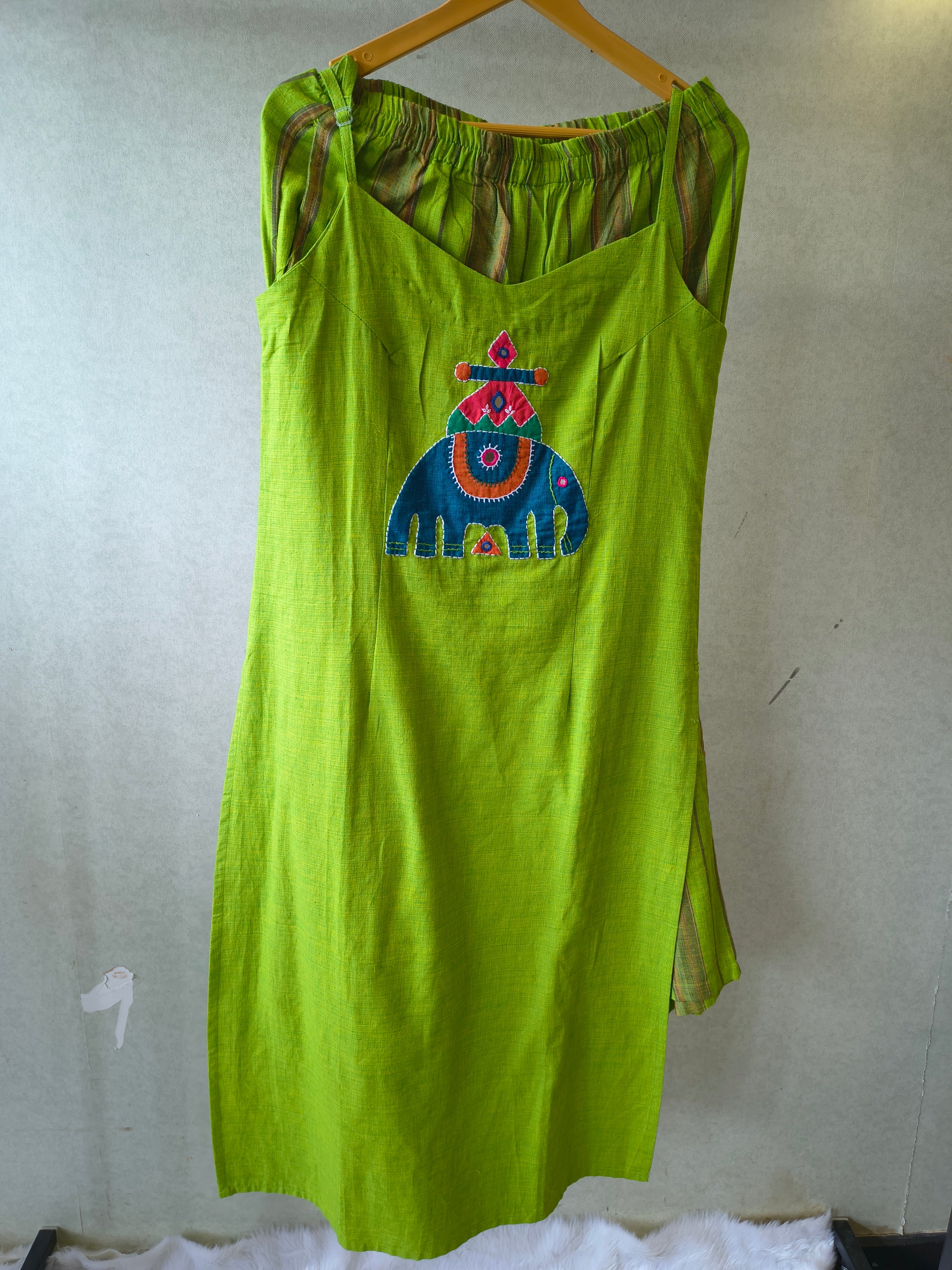 Image of Lime Green Sleeveless Cotton Kurta Set with Tribal Elephant Appliqué & Striped Straight Pants