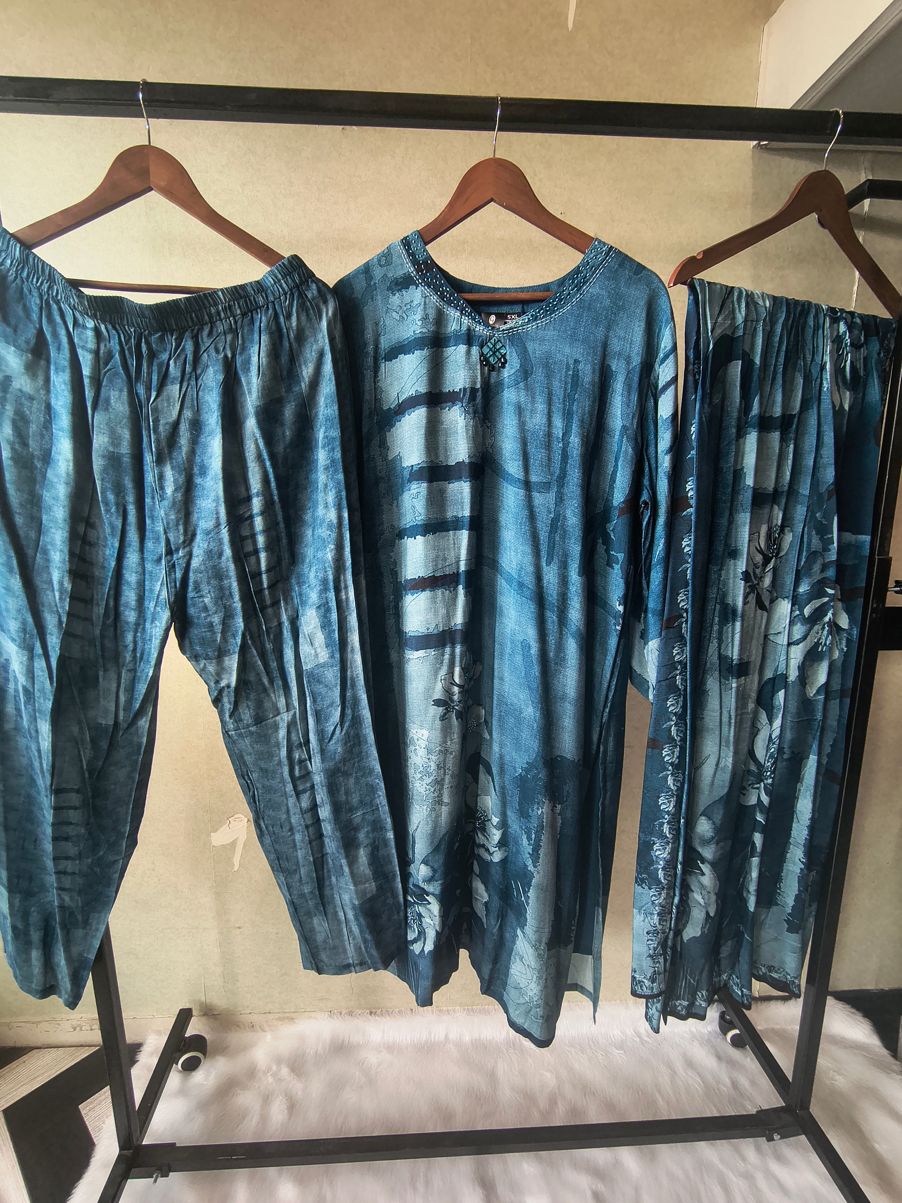 Image of Premium Teal Blue Abstract Printed Kurta Set with Pants & Dupatta