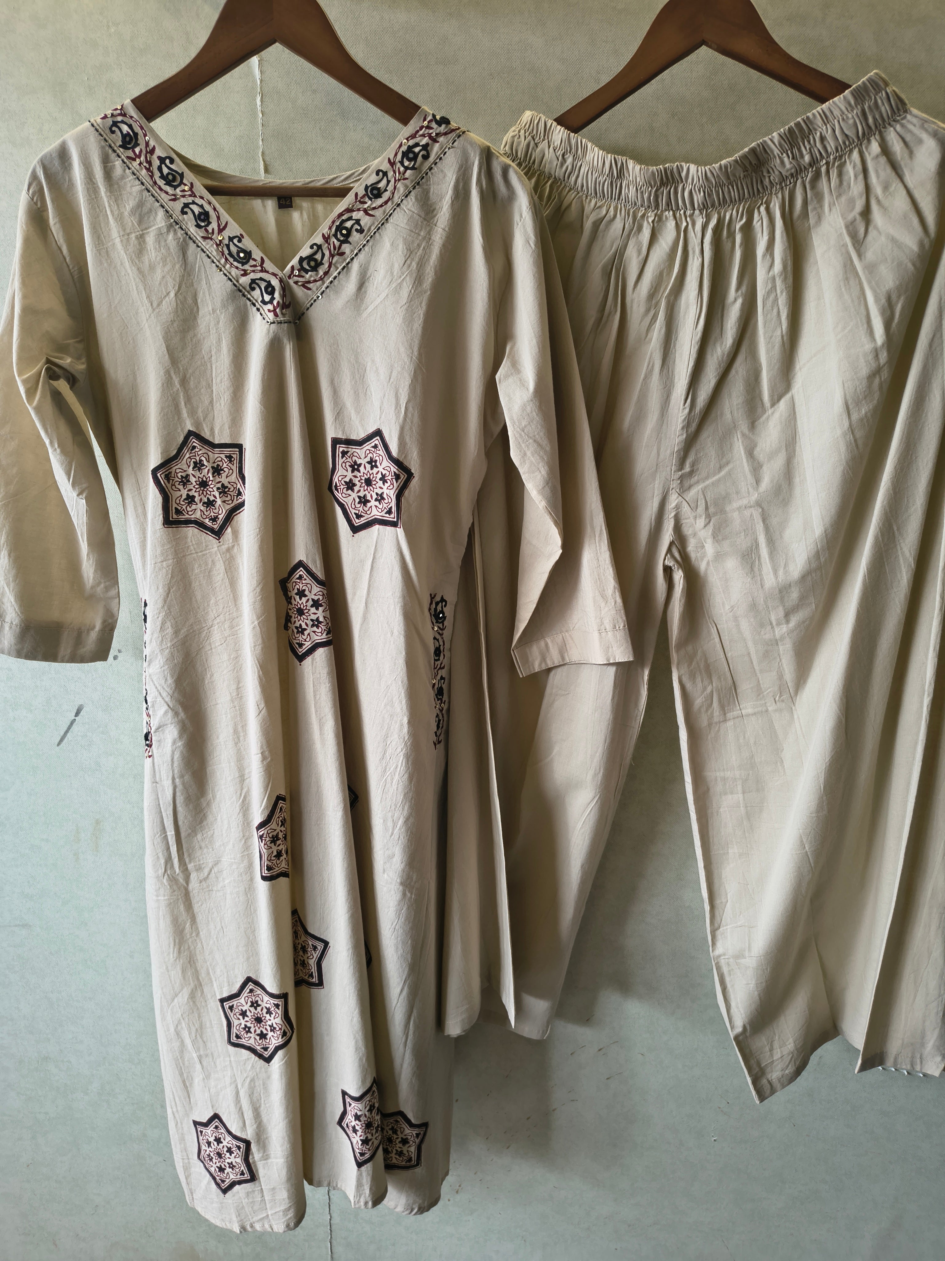 Image of Beige Ethnic Printed Straight Kurta Pant Co-Ord Set
