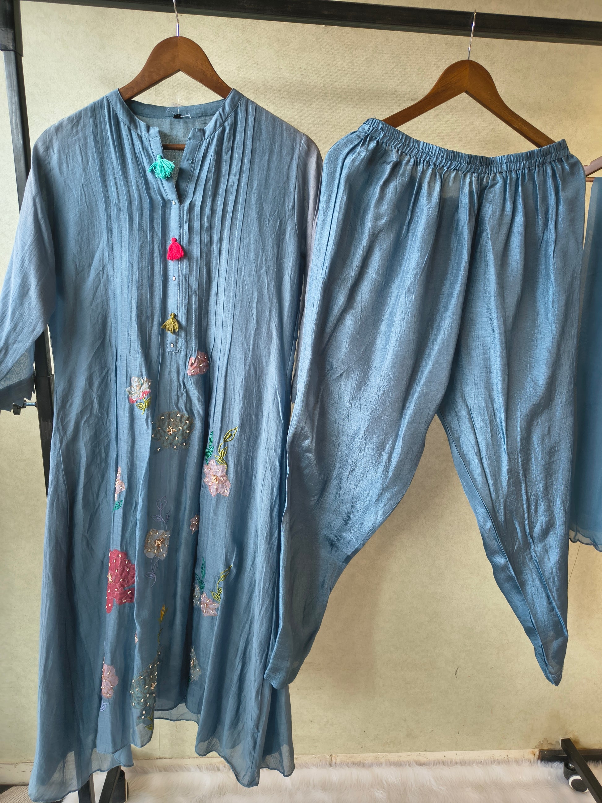 Premium Steel Blue Embroidered Straight Kurta with Dhoti Pants & Embroidered Organza Dupatta Set